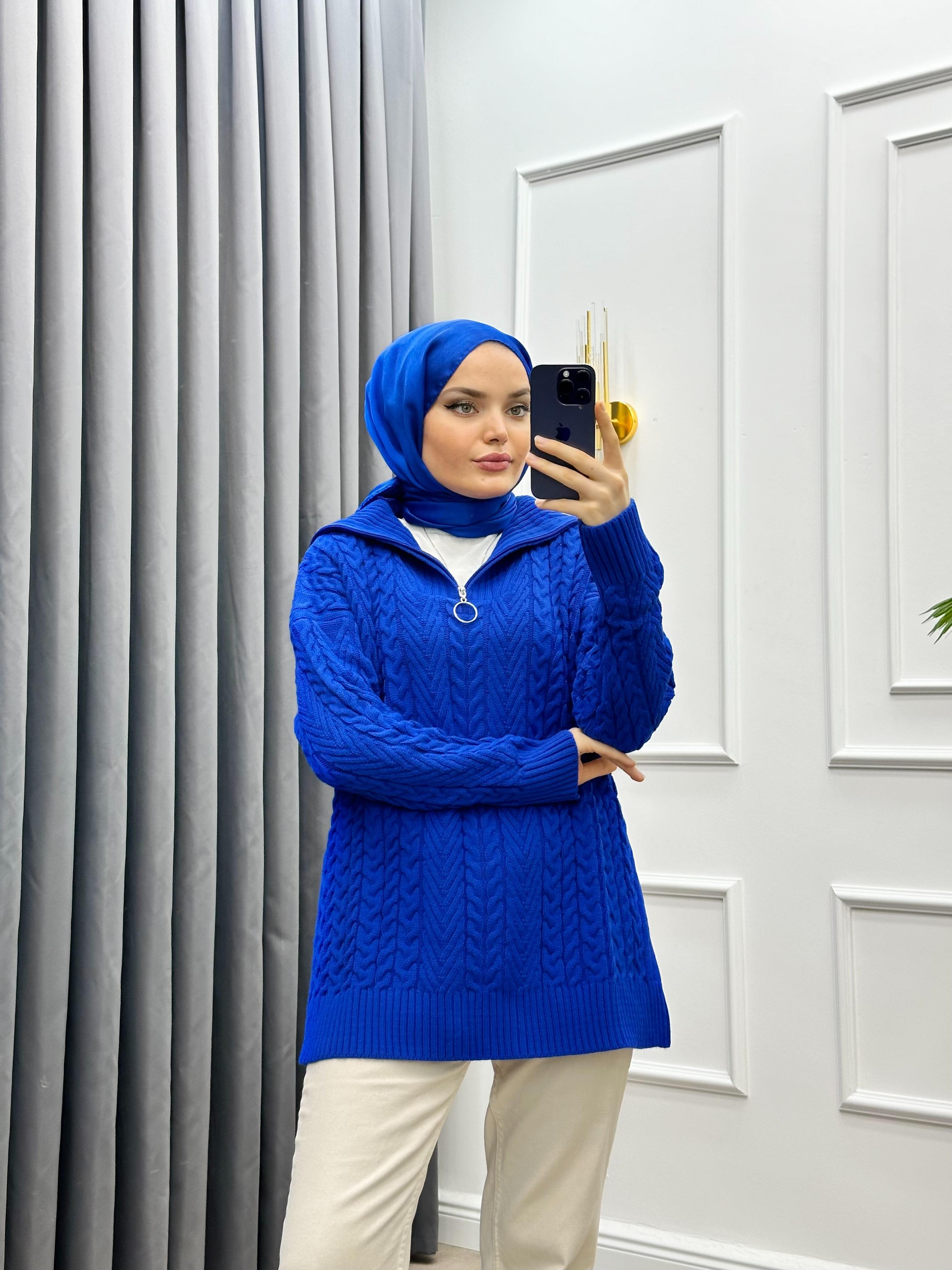 YARIM FERMUARLI TRİKO KAZAK SAKS