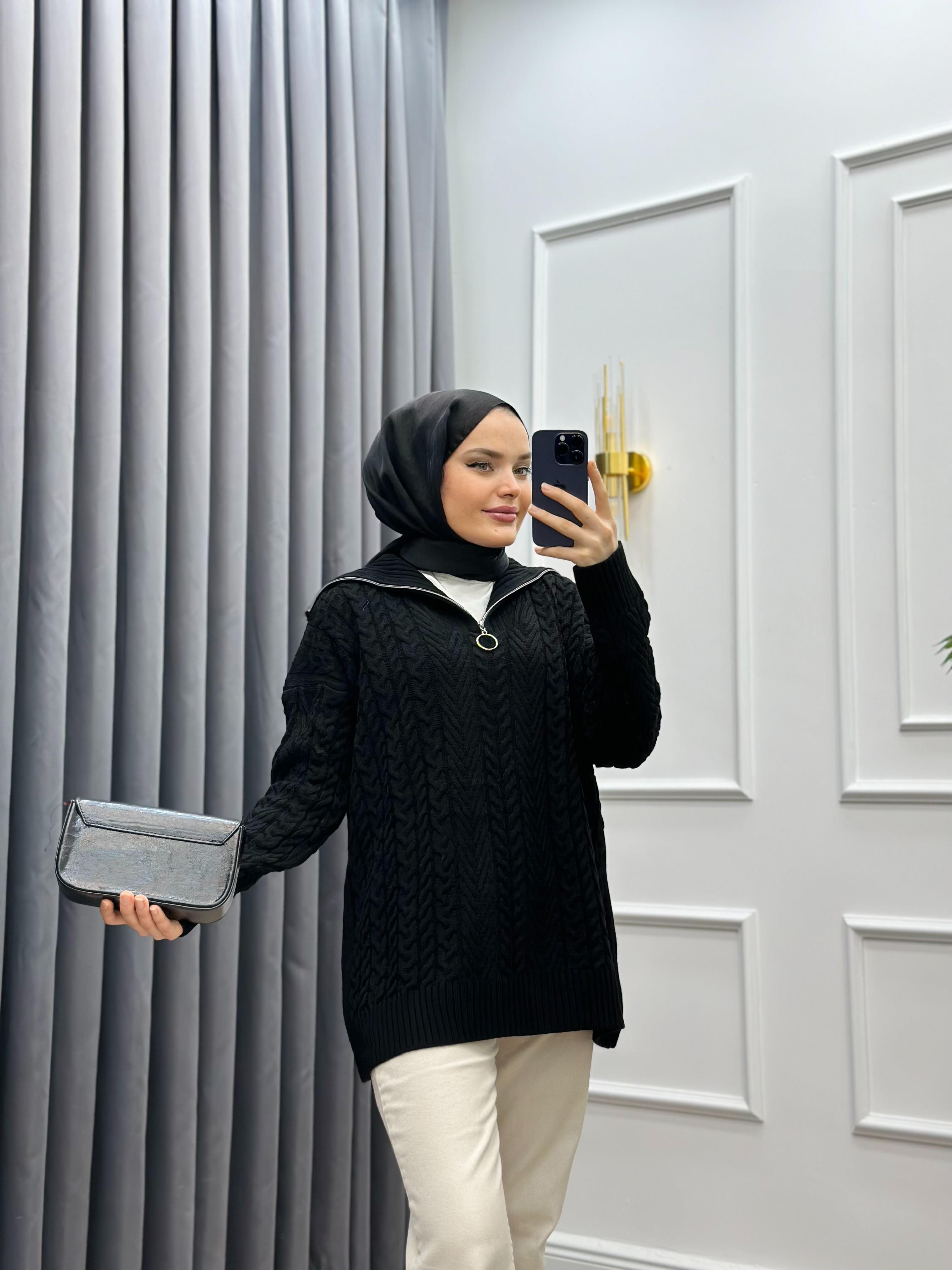 YARIM FERMUARLI TRİKO KAZAK SİYAH