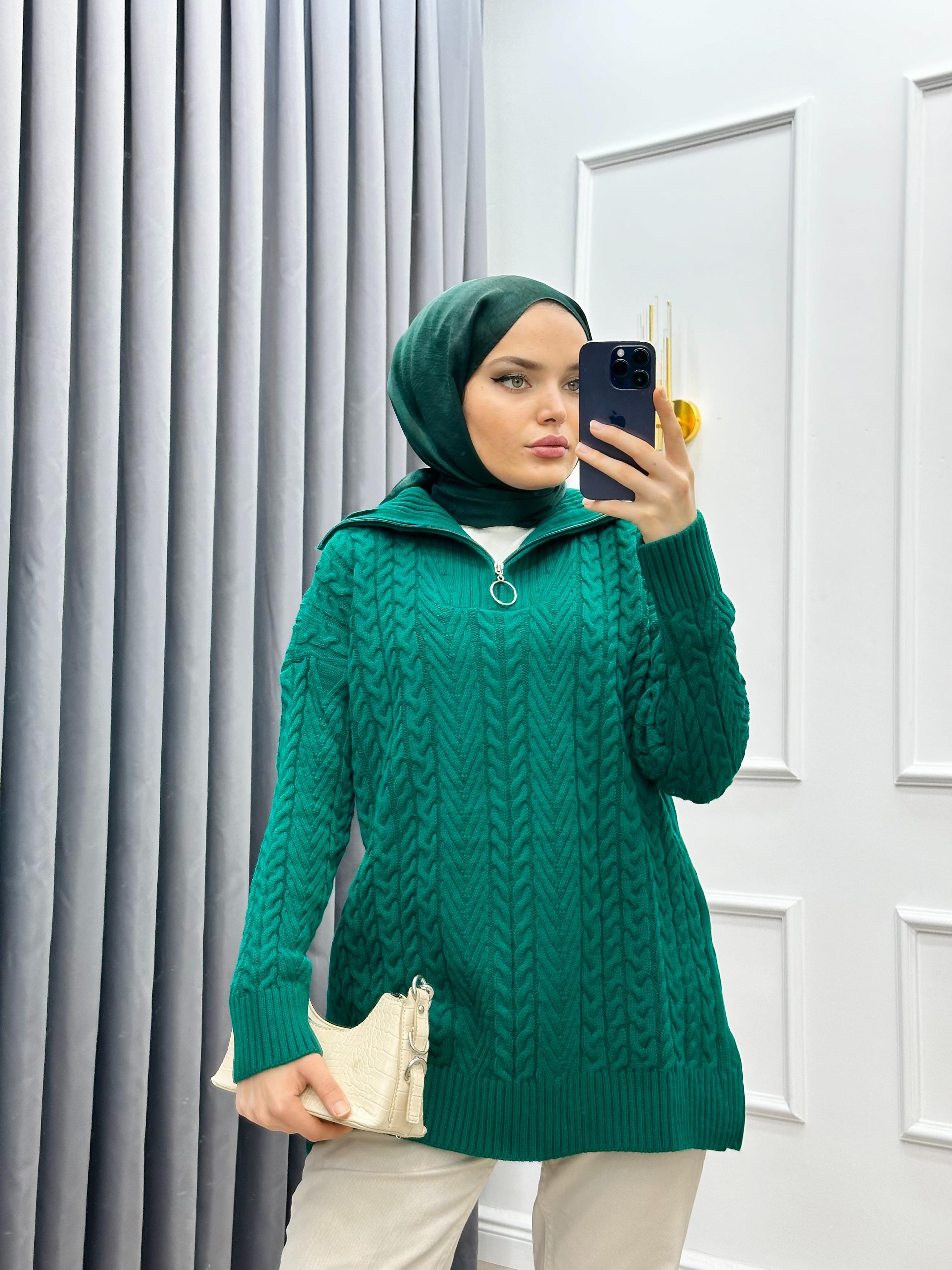 YARIM FERMUARLI TRİKO KAZAK ZÜMRÜT