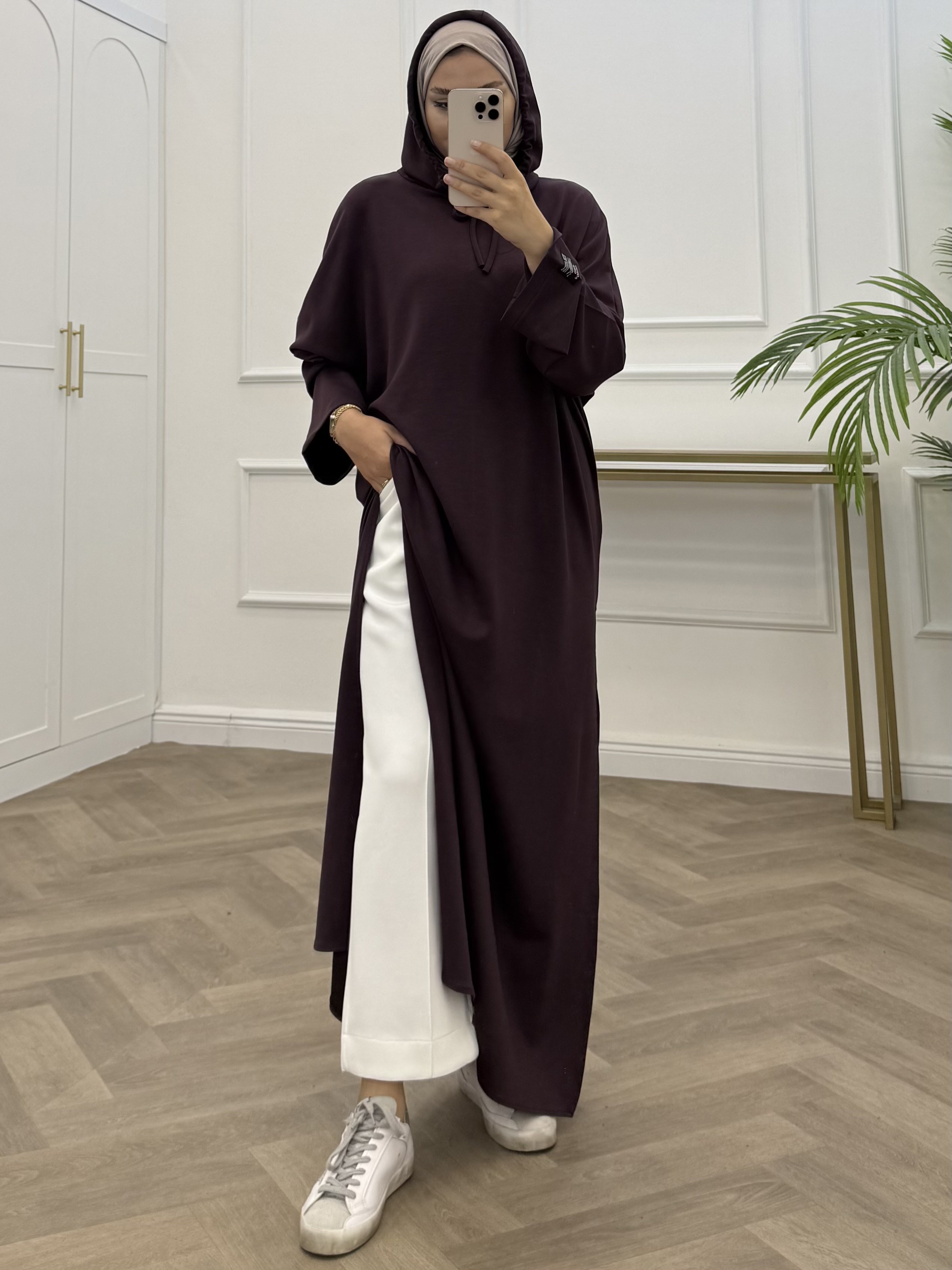 YIRTMAÇLI UZUN SWEAT ELBİSE BORDO