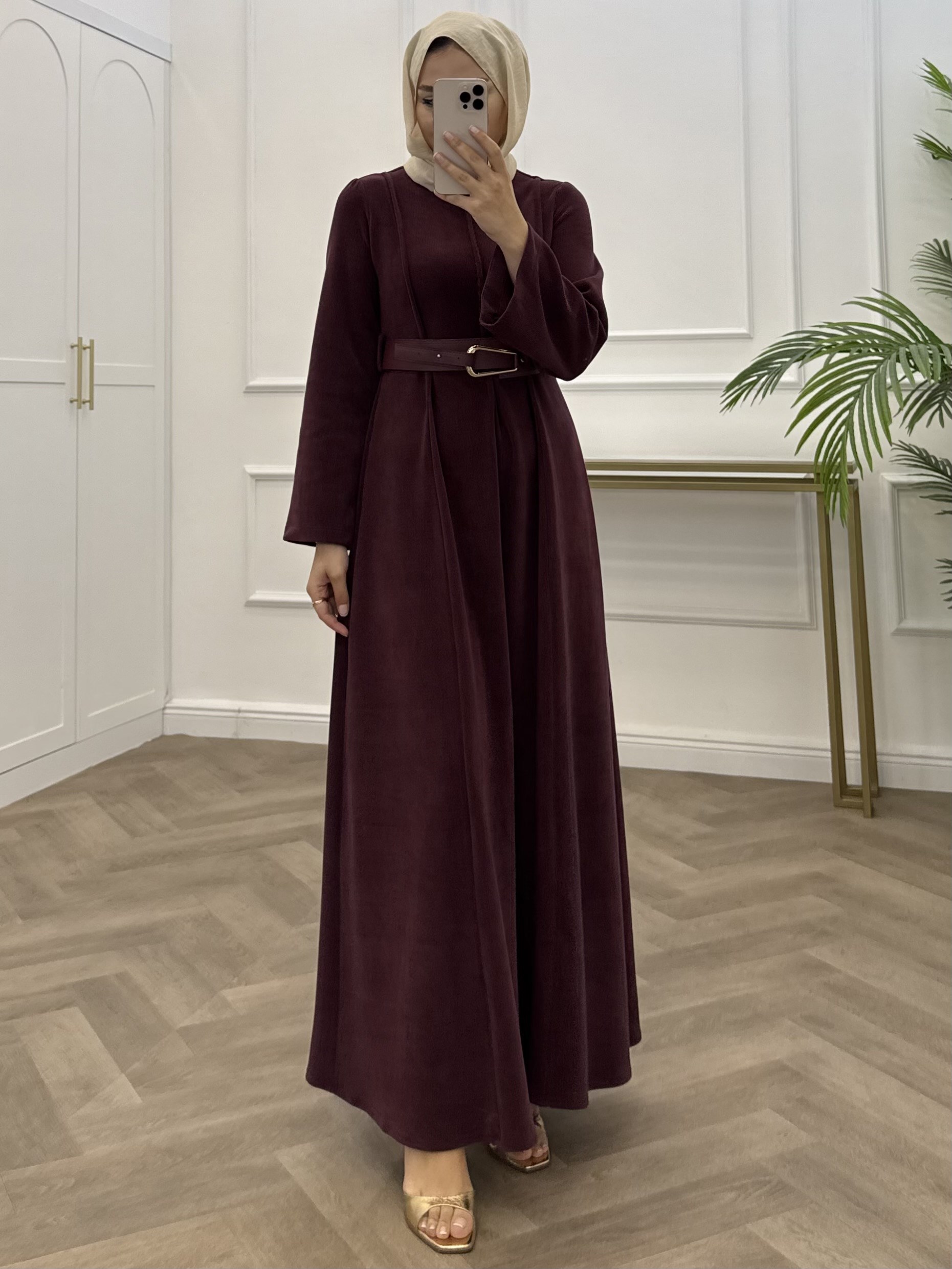 YUPİ KEMERLİ KADİFE ELBİSE BORDO