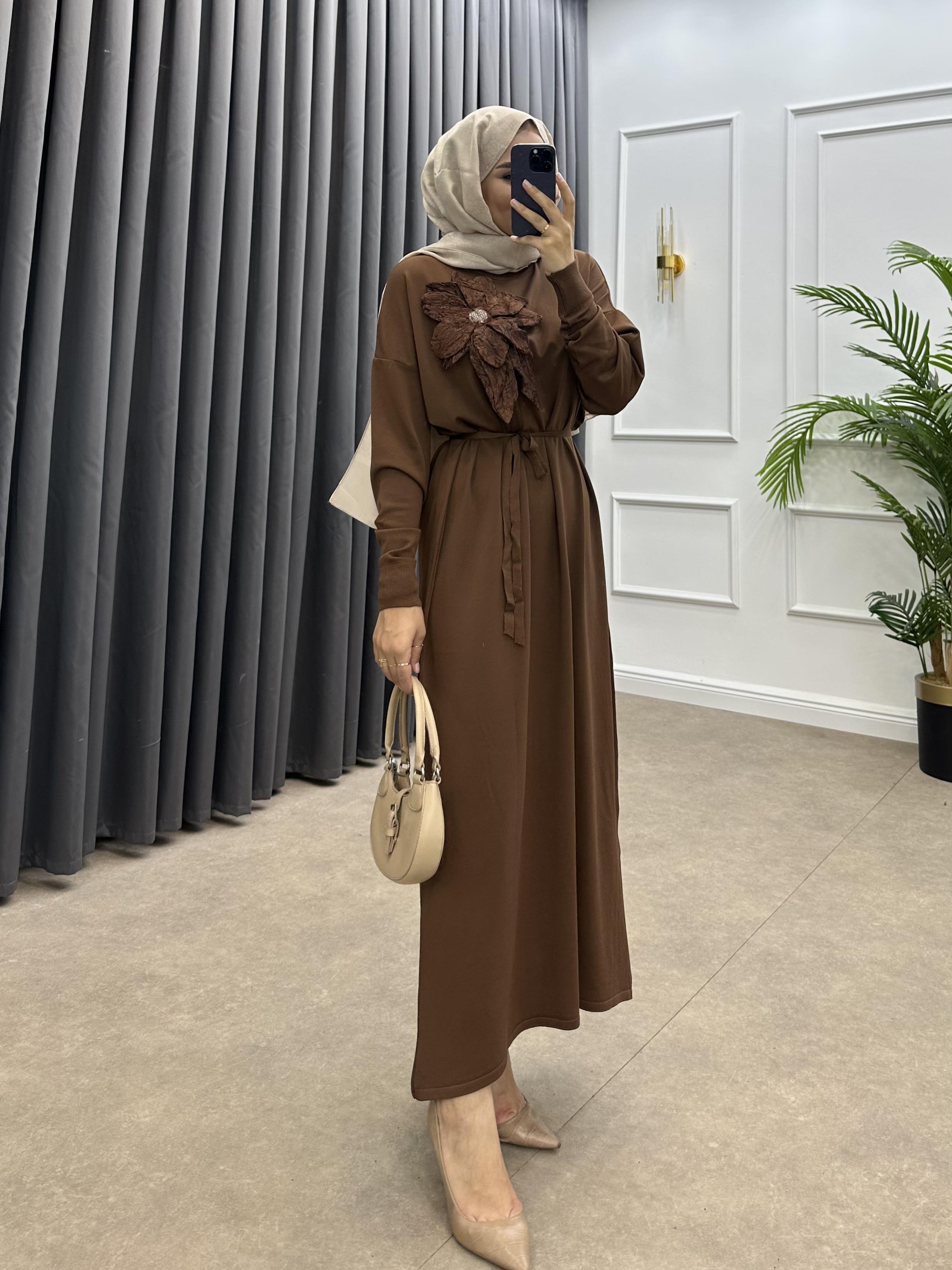 ZAMBAK MERSERİZE ELBİSE KAHVE