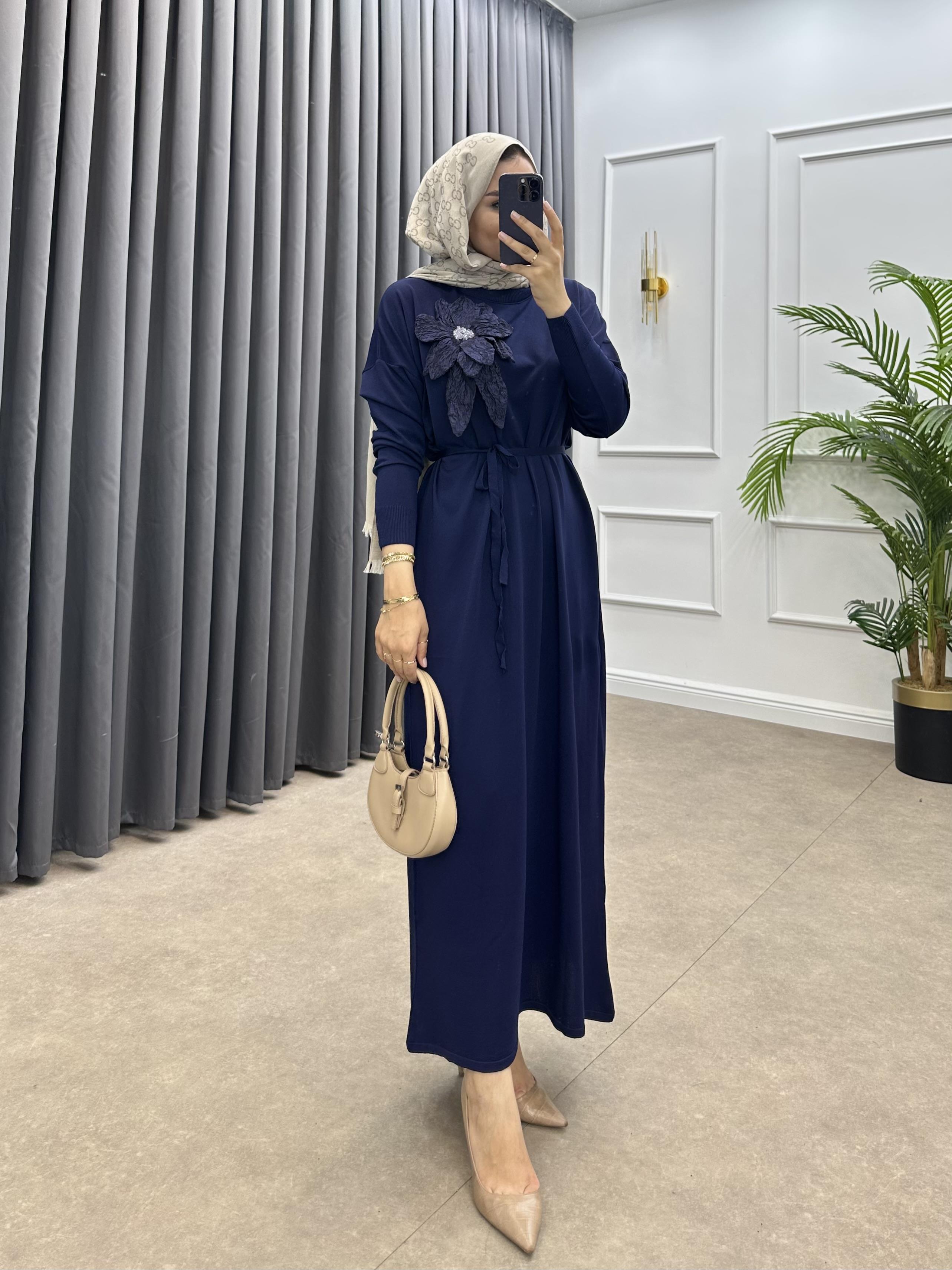 ZAMBAK MERSERİZE ELBİSE LACİVERT