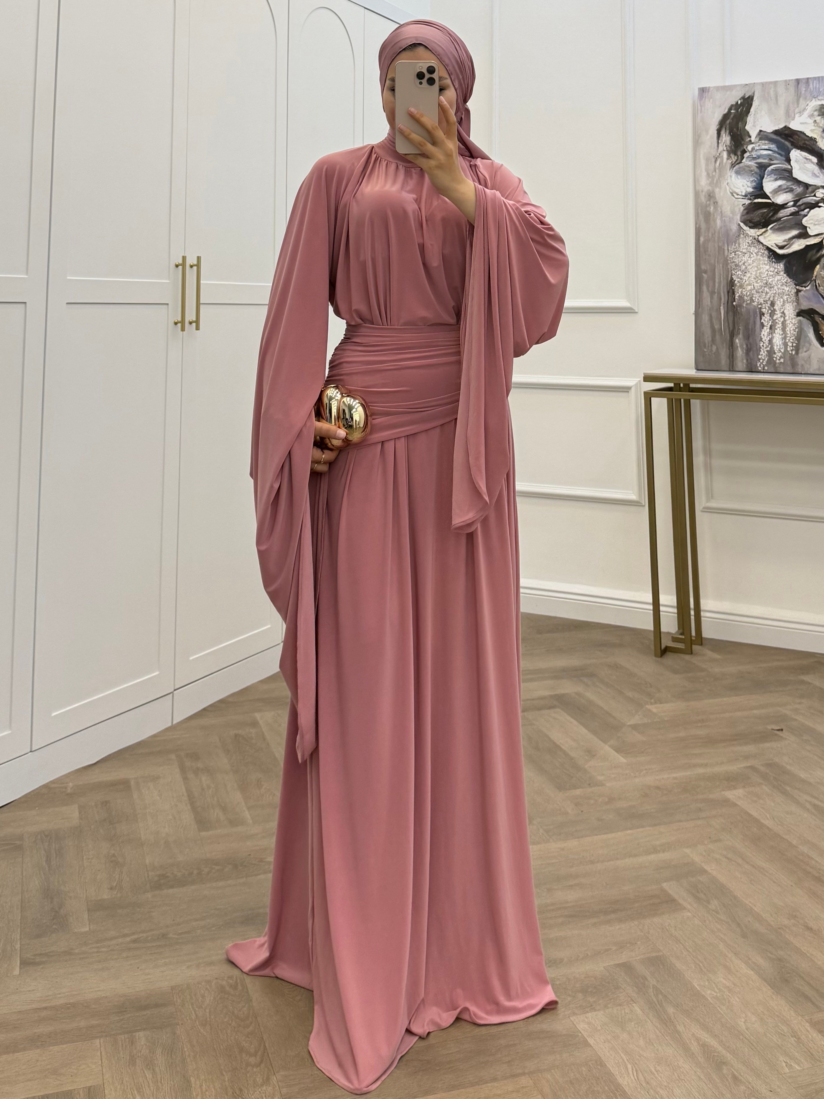 ZİYNET YARASA KOL SANDY ELBİSE PEMBE