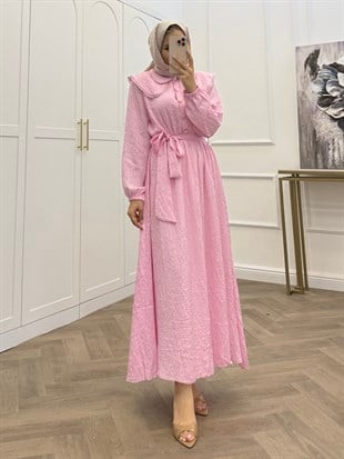 BEBE YAKA PAYET DETAY ELBİSE PEMBE