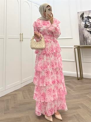 ÇİÇEKLİ KATLI ŞİFON ELBİSE PEMBE