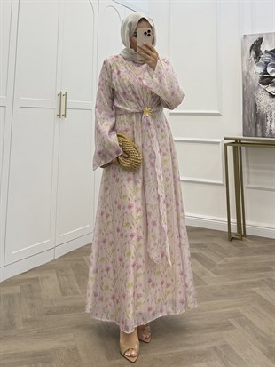 ÇİÇEKLİ VUAL ŞİFON ELBİSE PEMBE