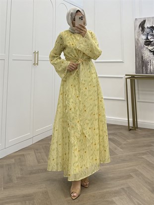 ÇİÇEKLİ VUAL ŞİFON ELBİSE SARI