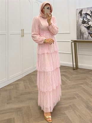 GÜPÜR KATLI ELBİSE PEMBE