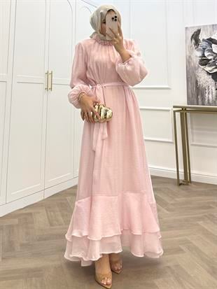 HAKİM YAKA TAŞ DETAYLI ŞİFON ELBİSE PEMBE