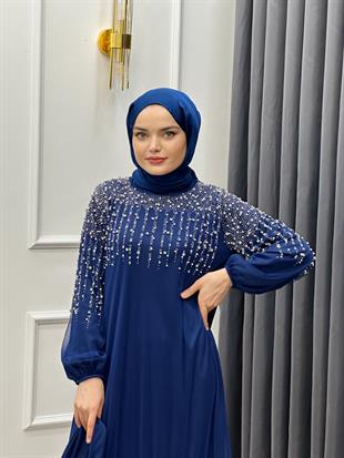 İNCİ DETAYLI TÜL ELBİSE LACİVERT