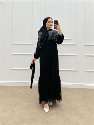 İNCİ DETAYLI TÜL ELBİSE SİYAH