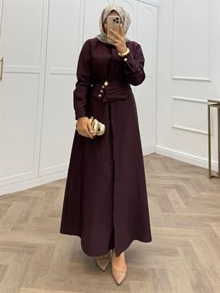 LASTİK KEMERLİ ÖNÜ DÜĞMELİ ELBİSE BORDO