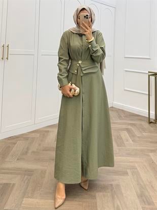 LASTİK KEMERLİ ÖNÜ DÜĞMELİ ELBİSE MİNT