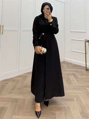 LASTİK KEMERLİ ÖNÜ DÜĞMELİ ELBİSE SİYAH