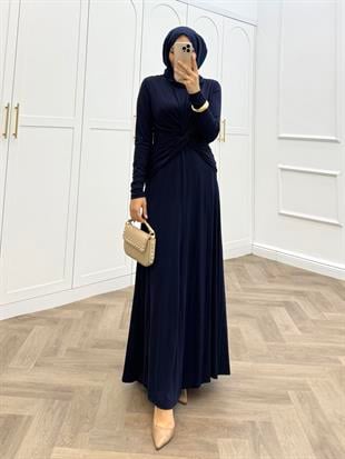 ÖNDEN ÇAPRAZ BAĞLAMALI ELBİSE LACİVERT