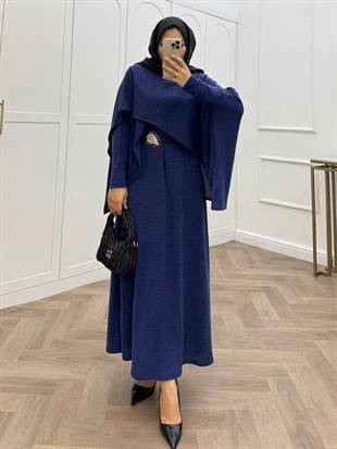 PANÇO DETAY TRİKO ELBİSE İNDİGO