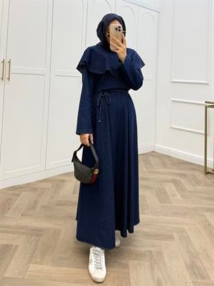 PELERİNLİ DENİM ELBİSE LACİVERT