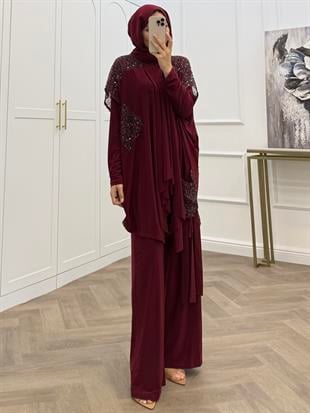 PUL PAYETLİ YELEKLİ PANTOLONLU TAKIM  BORDO