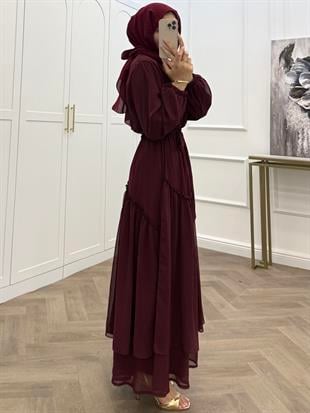 SUDE ŞİFON ELBİSE BORDO