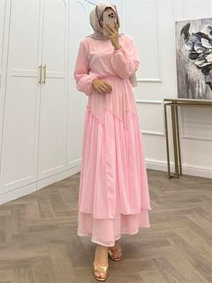 SUDE ŞİFON ELBİSE PEMBE