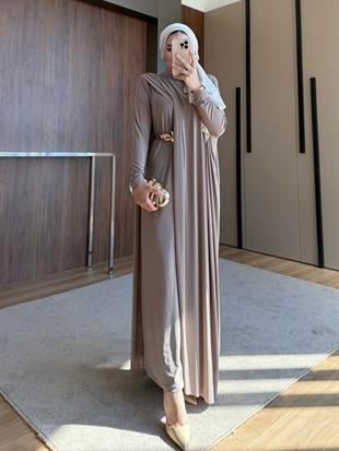 TABA KEMERLİ PENYE ELBİSE BEJ