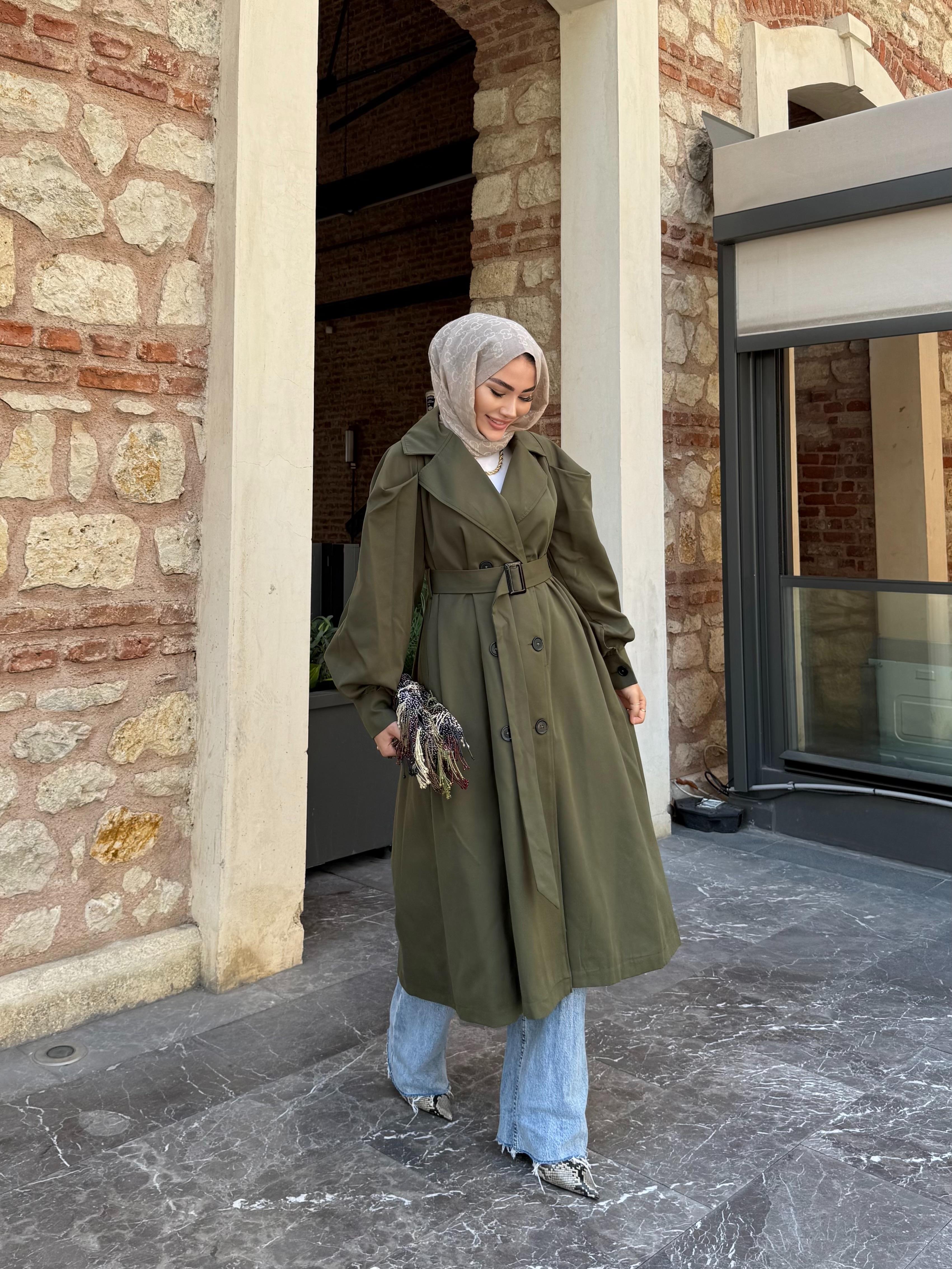 ALTI DÜĞMELİ KOL PİLELİ TRENÇKOT HAKİ