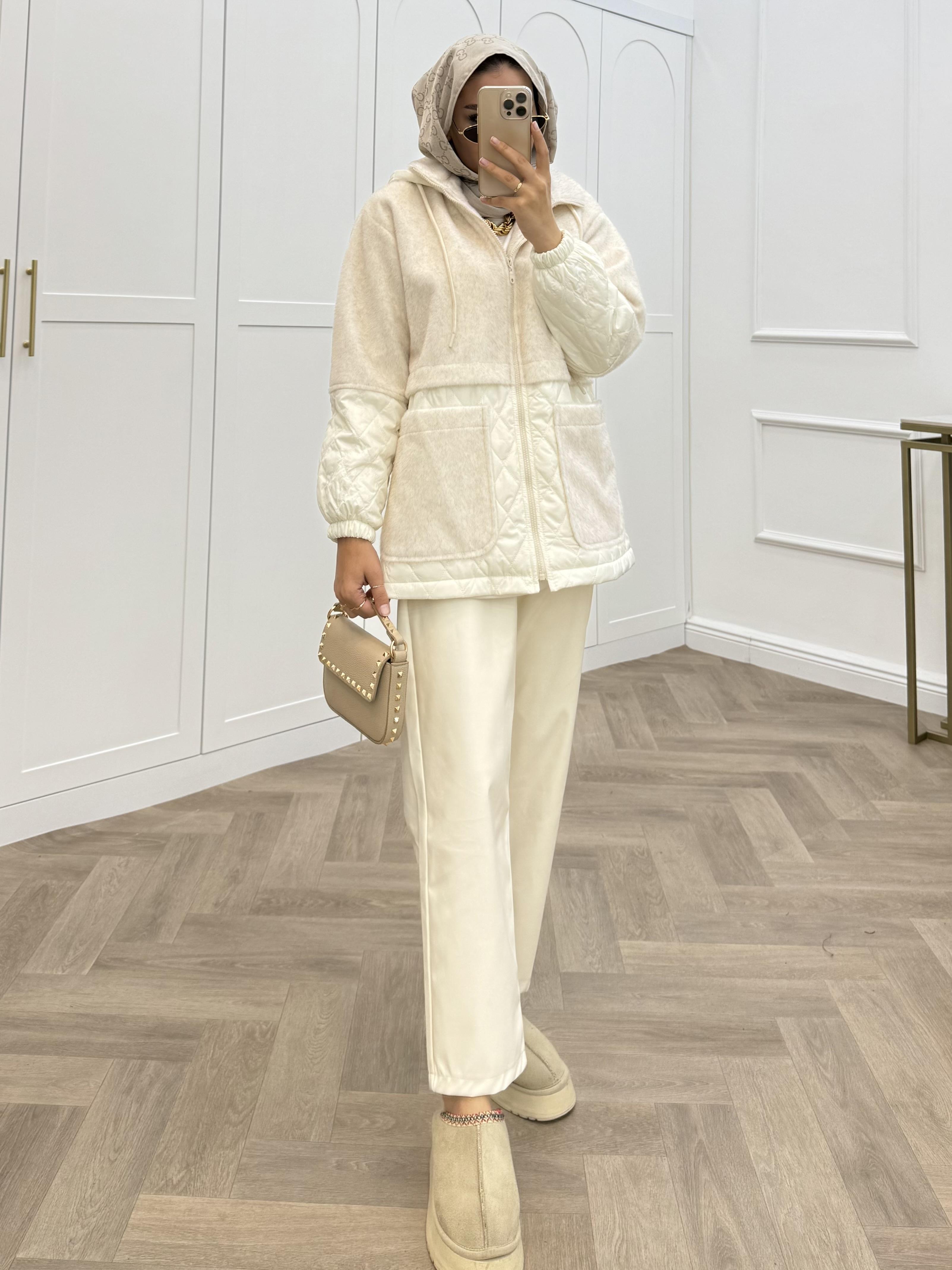 ANGORA CAPİTONE KAPÜŞONLU CEKET EKRU