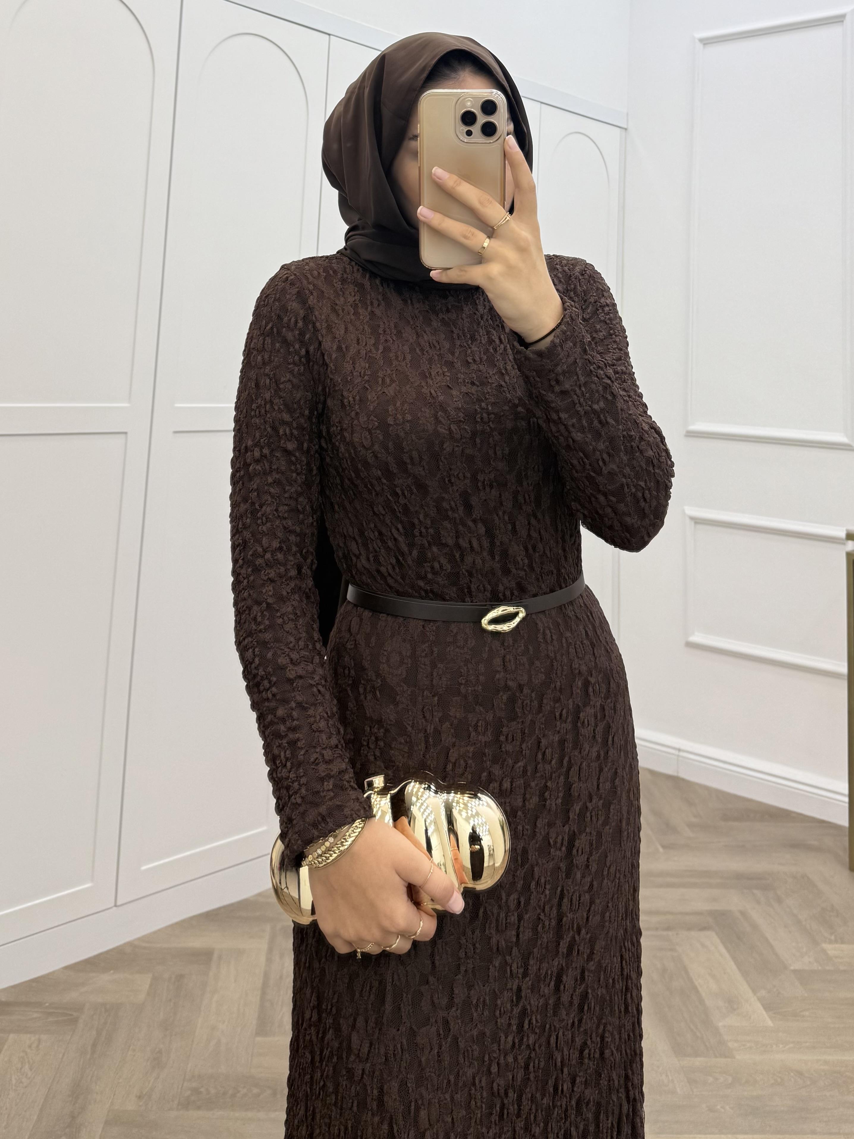 ASİL DANTEL ELBİSE KAHVE