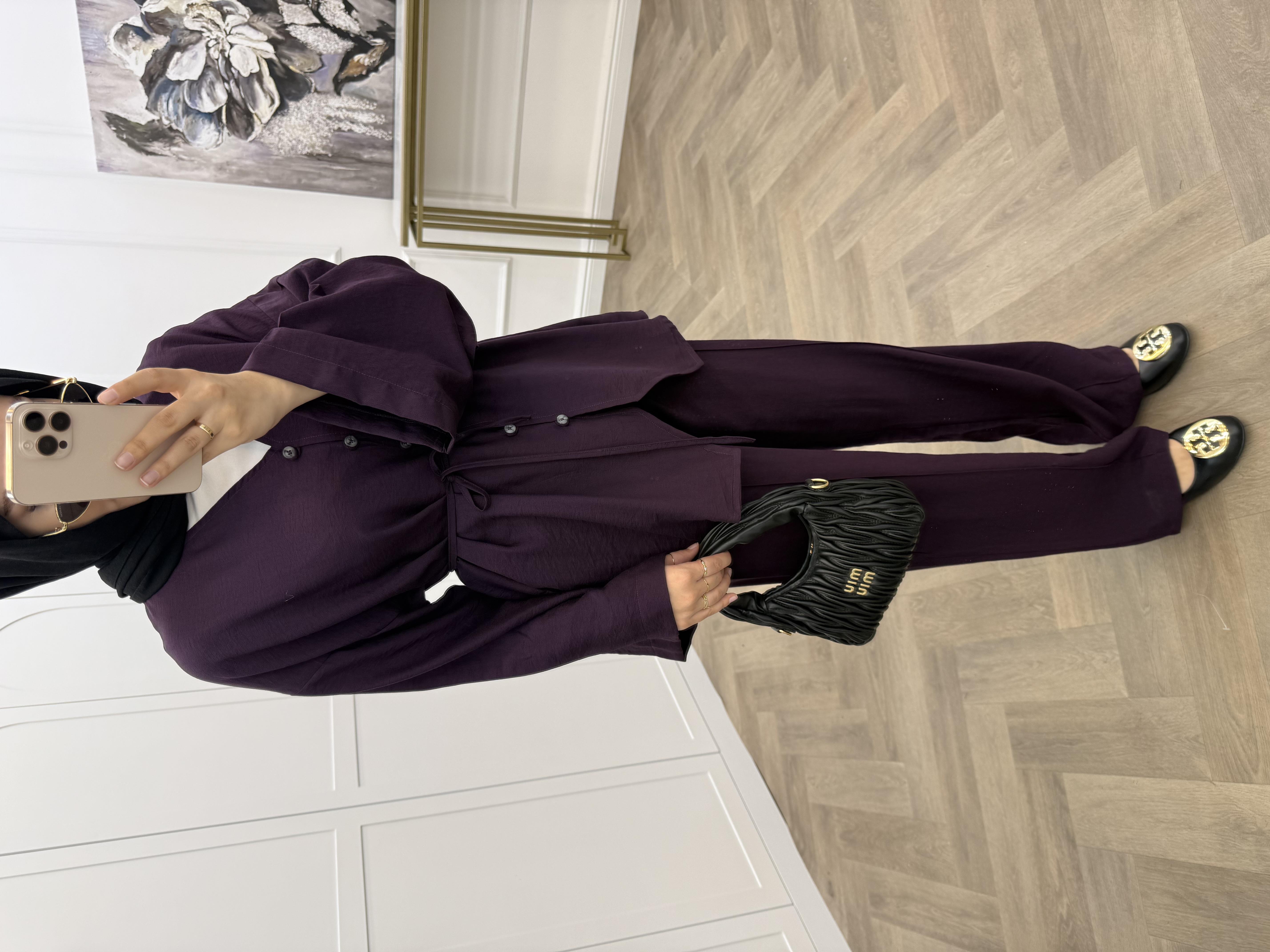 BAĞCIKLI ÖNDEN DÜĞMELİ PANTOLONLU TAKIM MOR