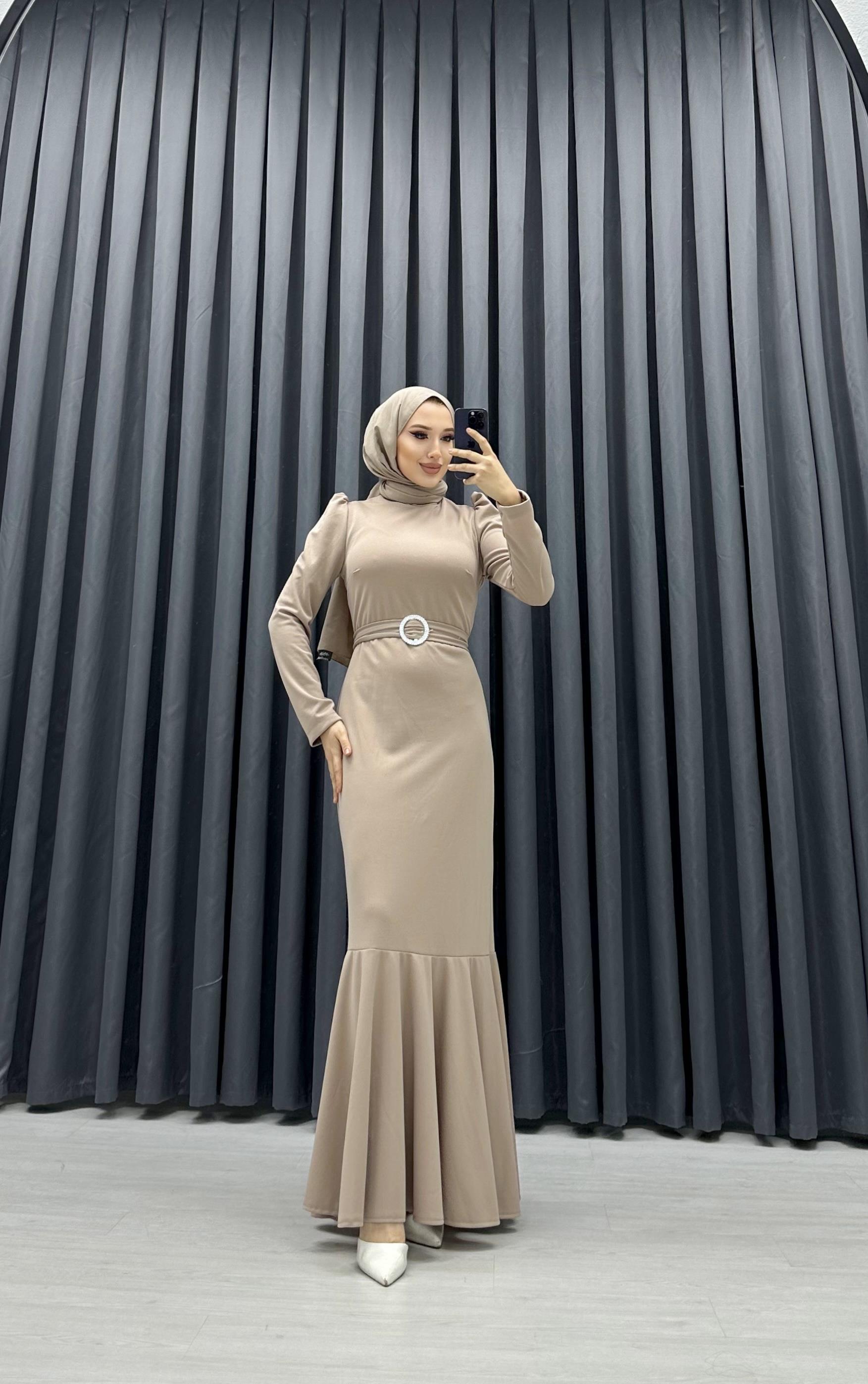 BALIK MODEL KREP ELBİSE BEJ