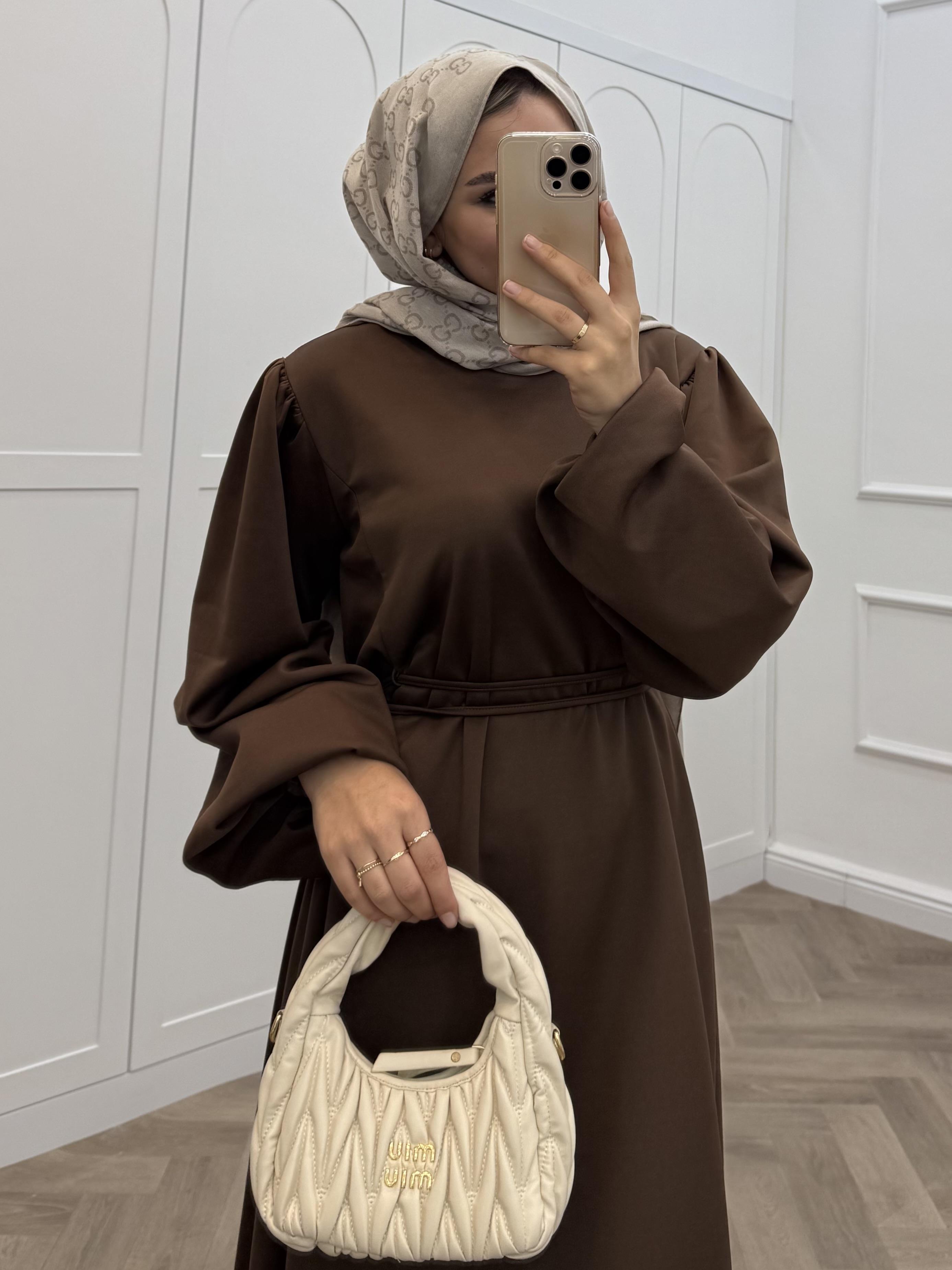 BALON KOL BAĞLAMALI SCUBA ELBİSE KAHVE