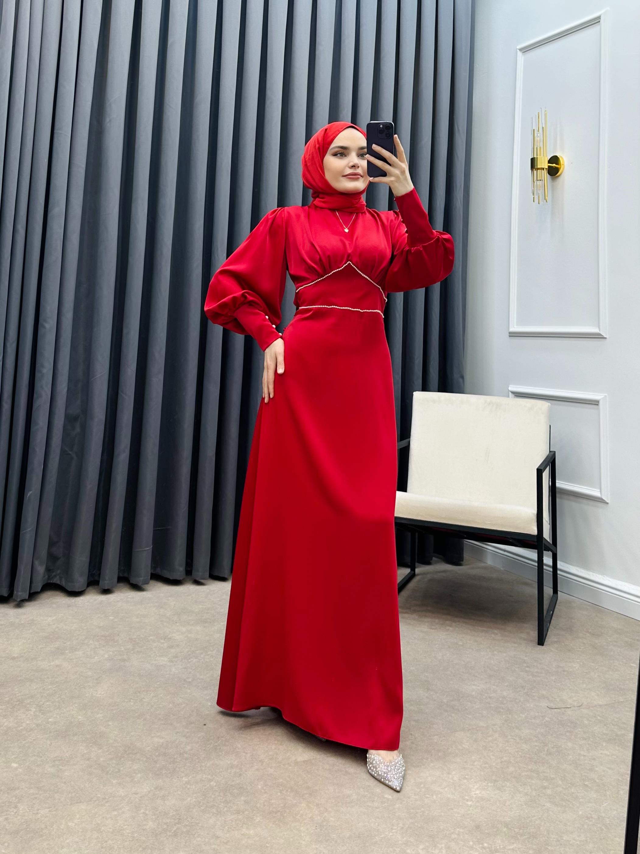 BALON KOL İNCİ DETAYLI ABİYE KIRMIZI