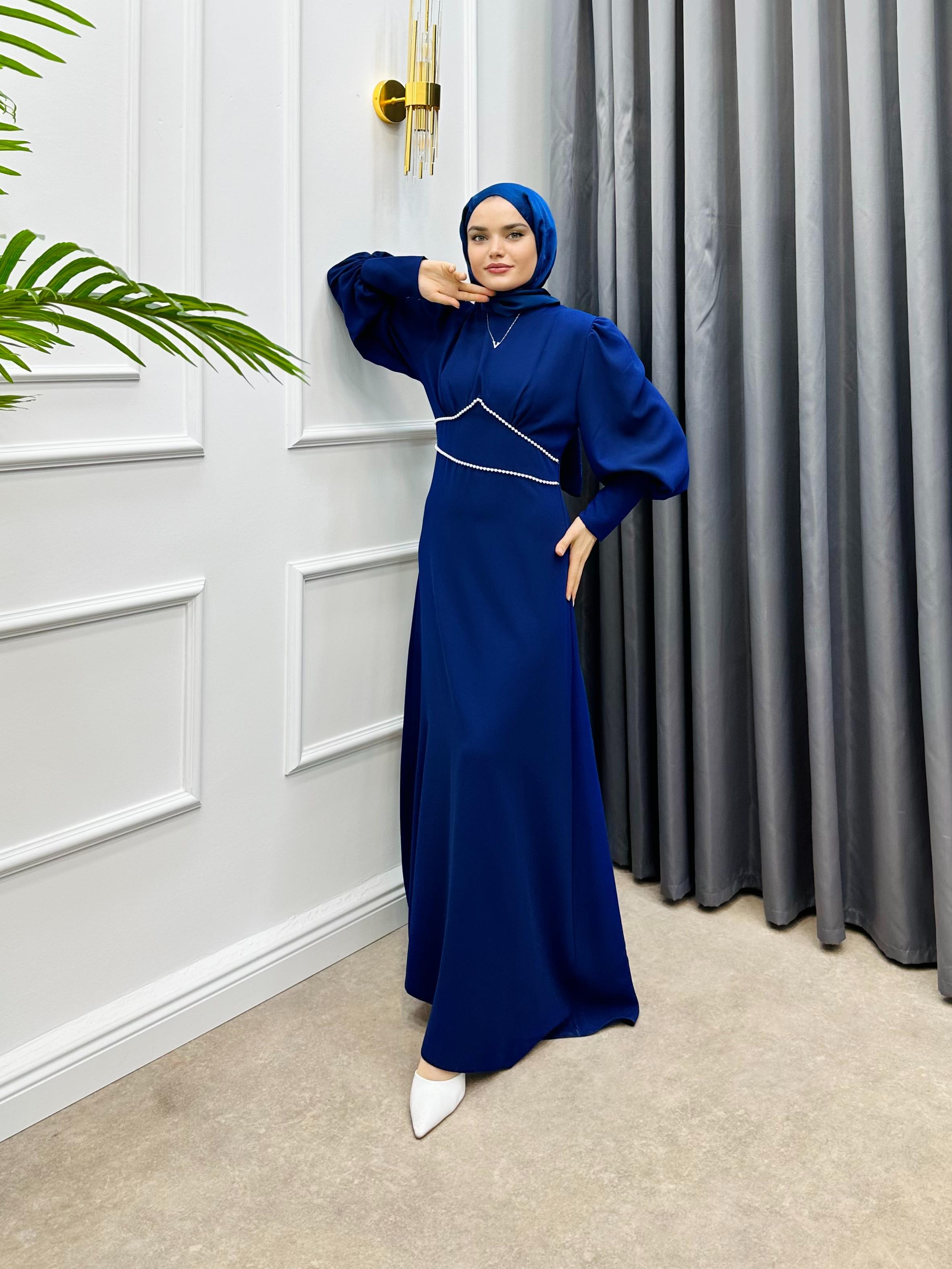 BALON KOL İNCİ DETAYLI KREP ELBİSE LACİVERT