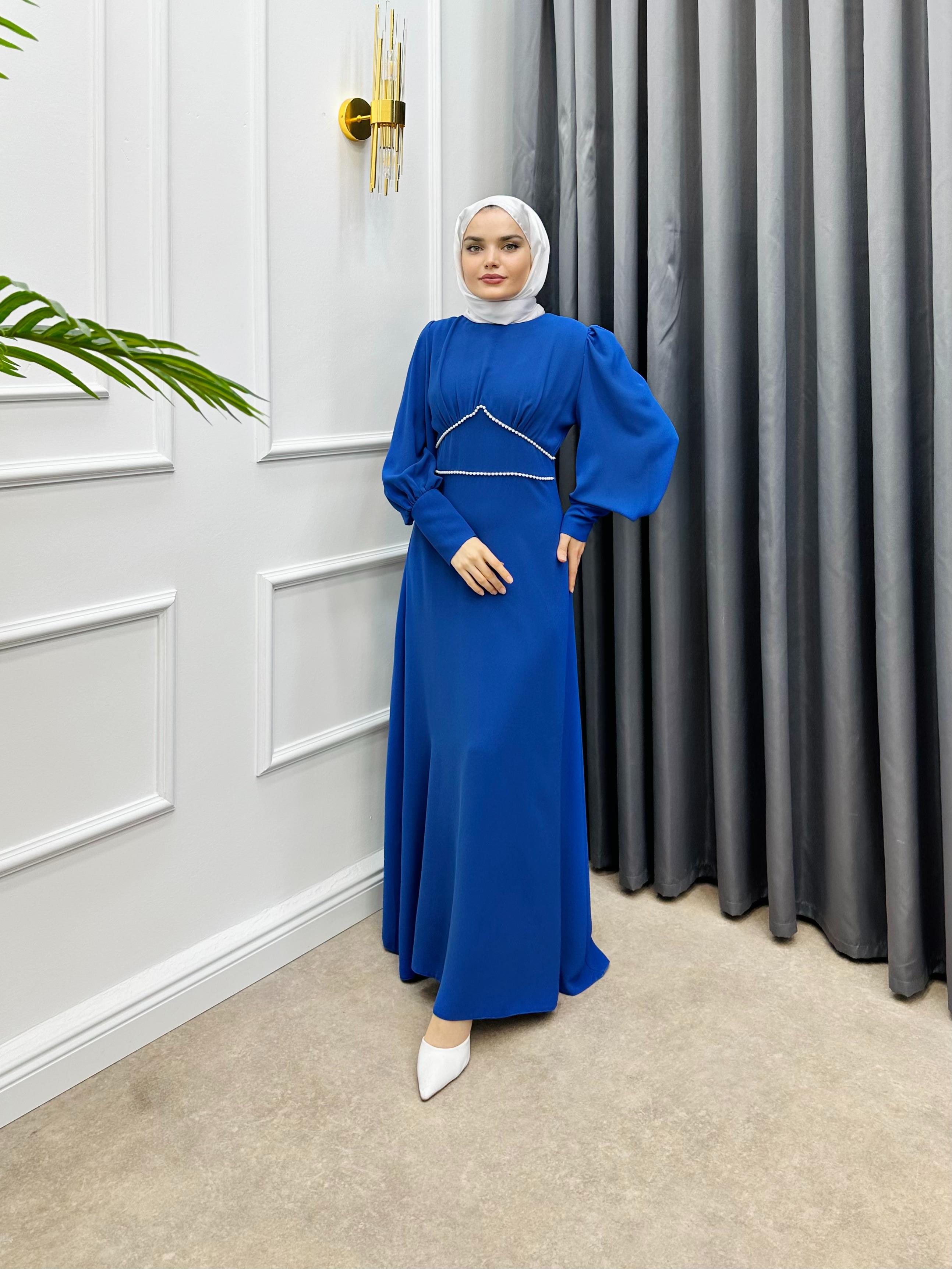 BALON KOL İNCİ DETAYLI KREP ELBİSE SAKS