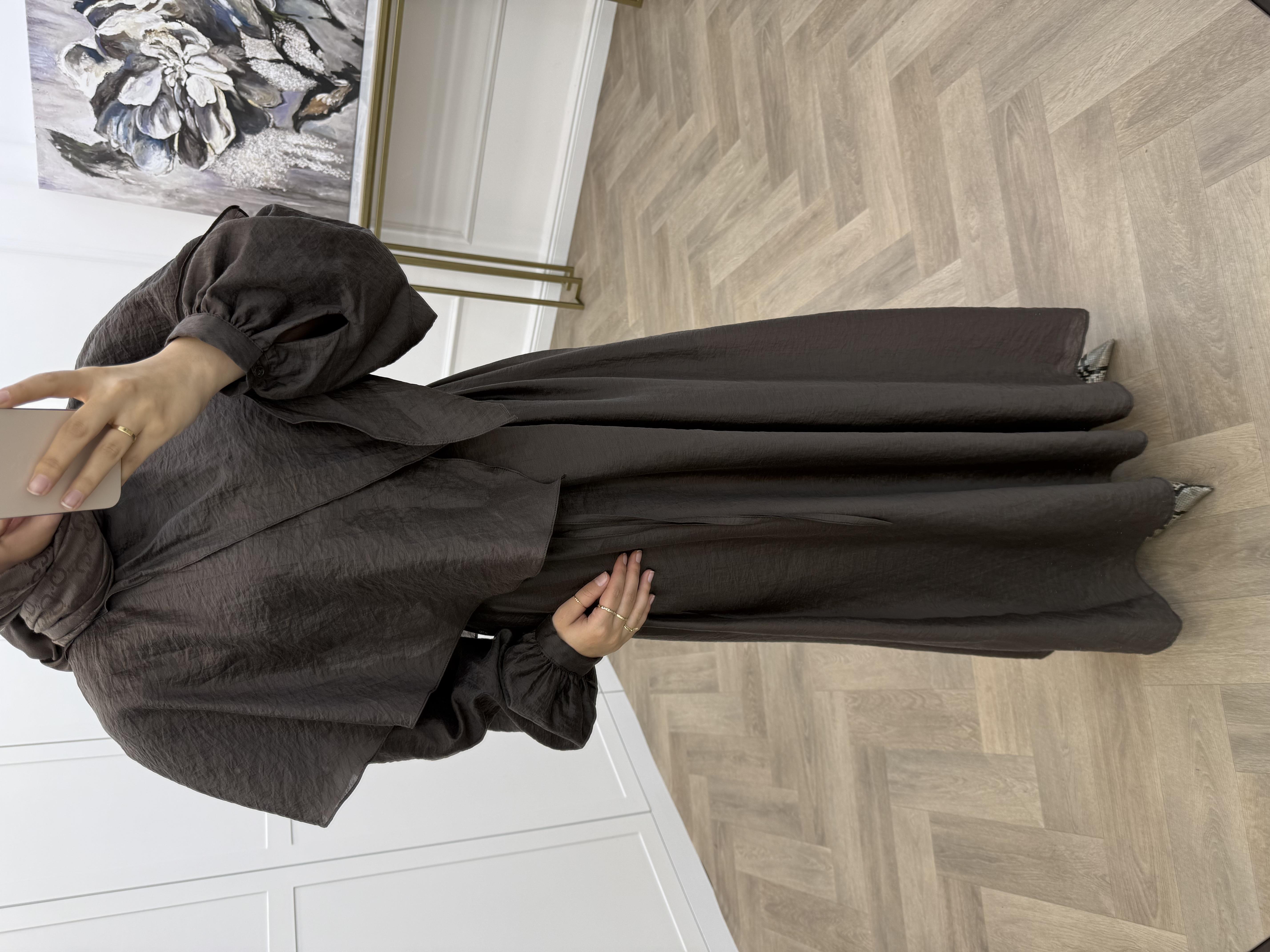 BALON KOL PANÇO DETAY ELBİSE KAHVE