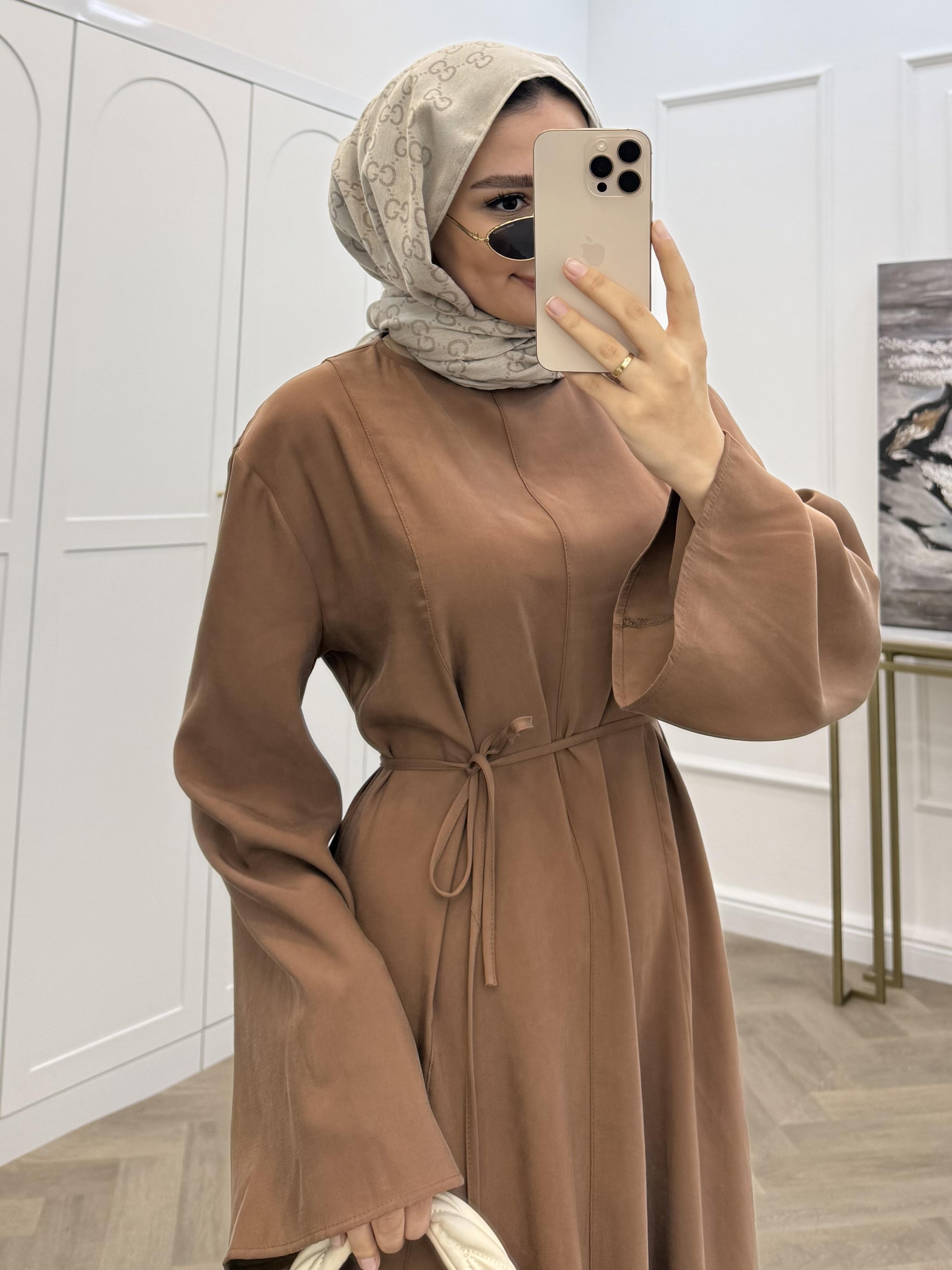 basic kuşaklı modal elbise taba 