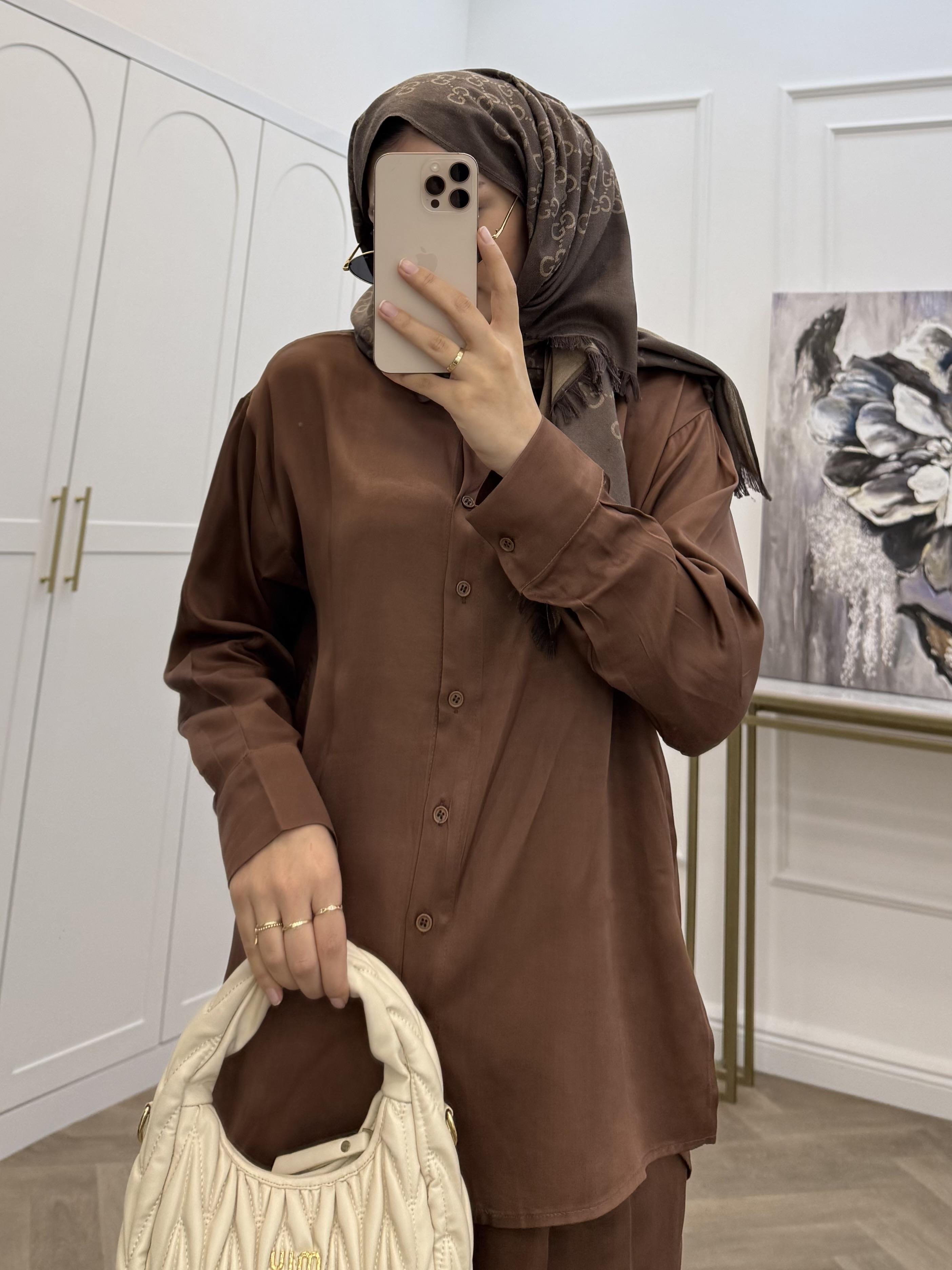 BASİC SATEN PANTOLONLU TAKIM KAHVE