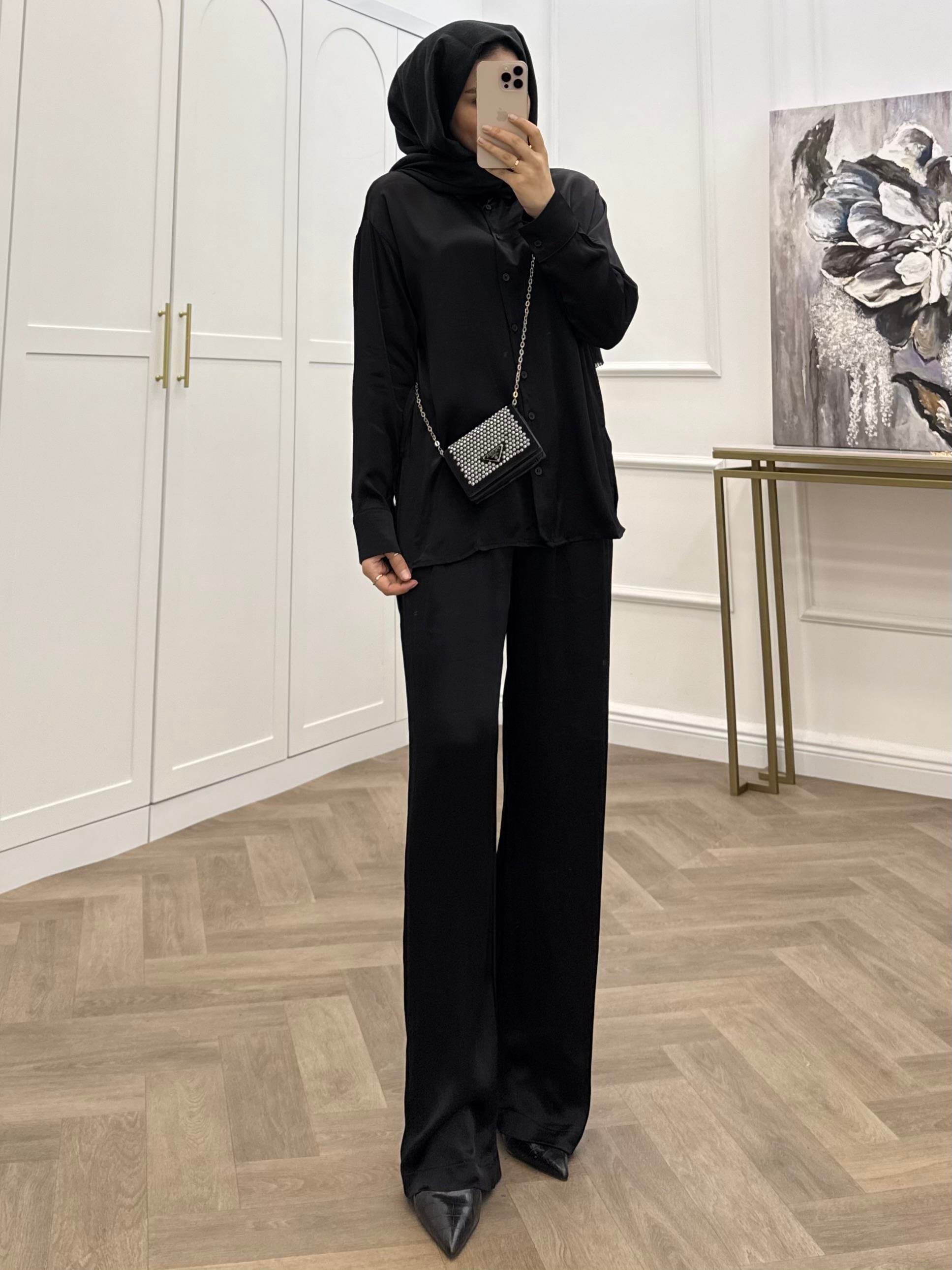 BASİC SATEN PANTOLONLU TAKIM SİYAH