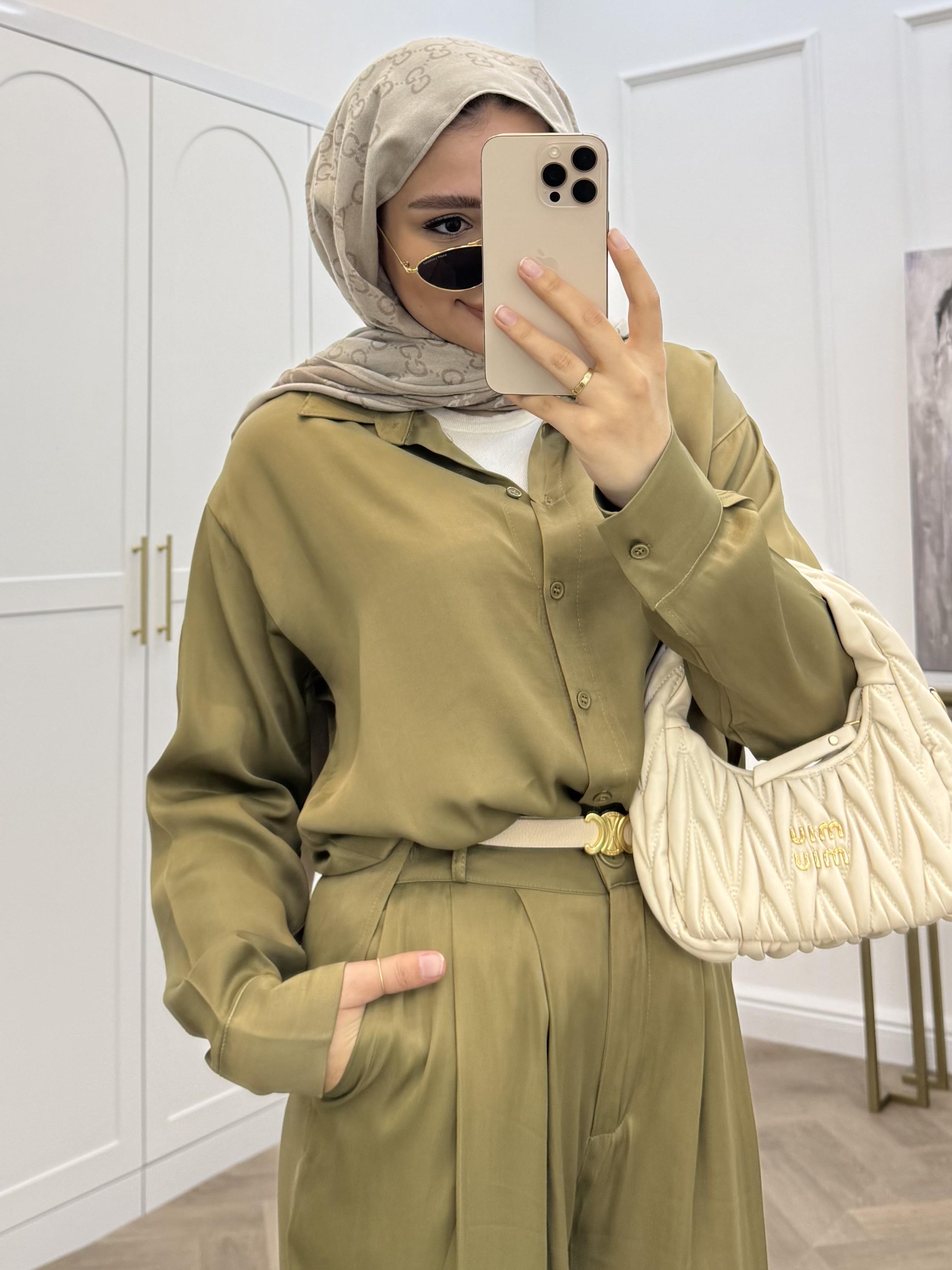 BASİC SATEN PANTOLONLU TAKIM YAĞ YEŞİLİ