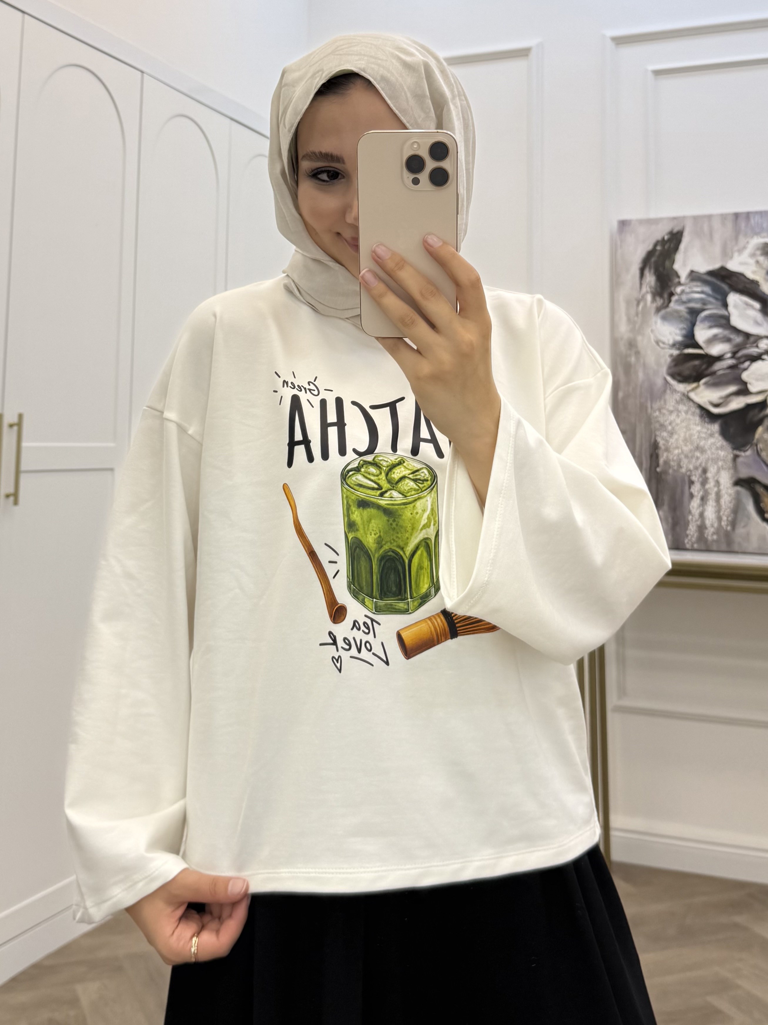 BASKILI UZUN KOLLU TSHİRT MATCHA
