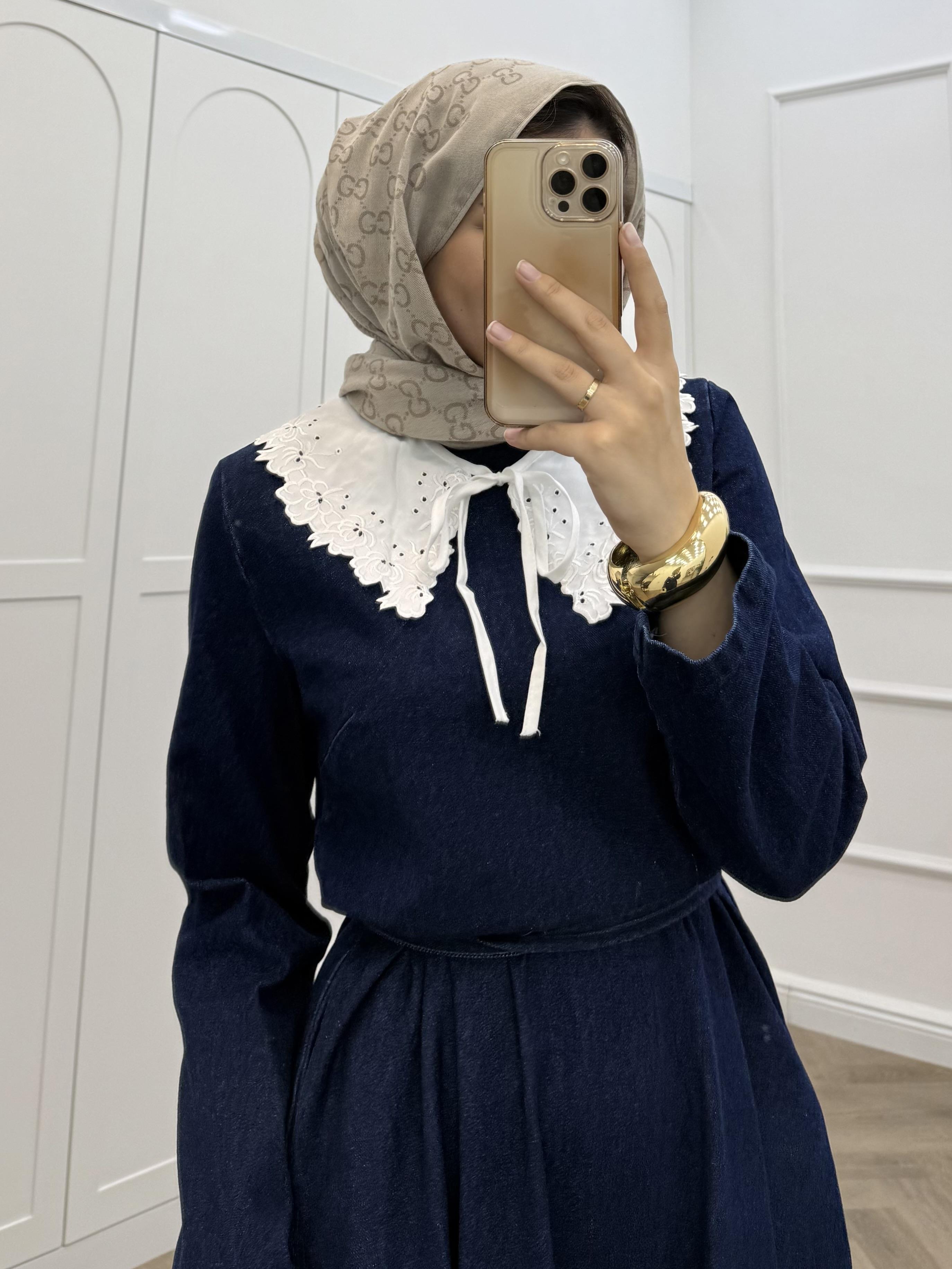 BEBE YAKA DETAYLI DENİM ELBİSE LACİVERT