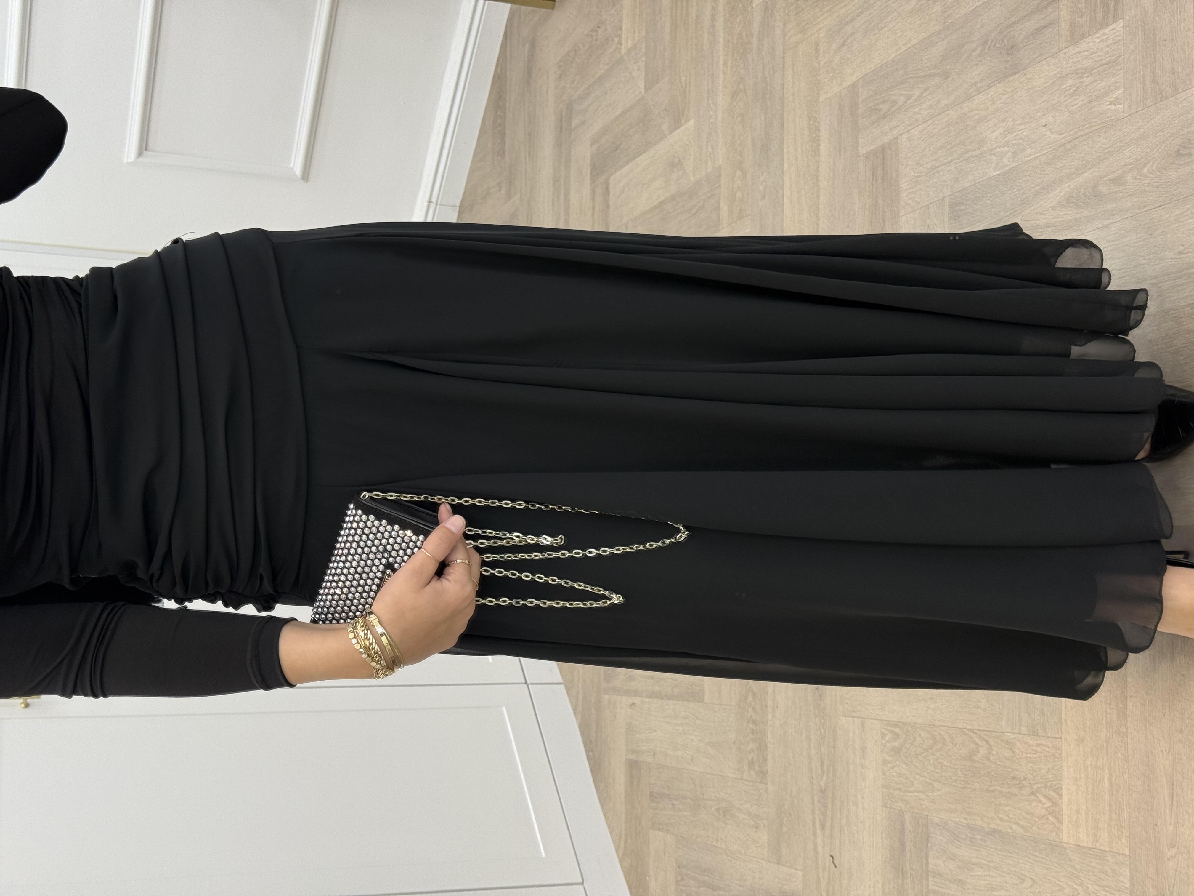 BEL BÜZGÜ DETAYLI ŞİFON ETEK SİYAH