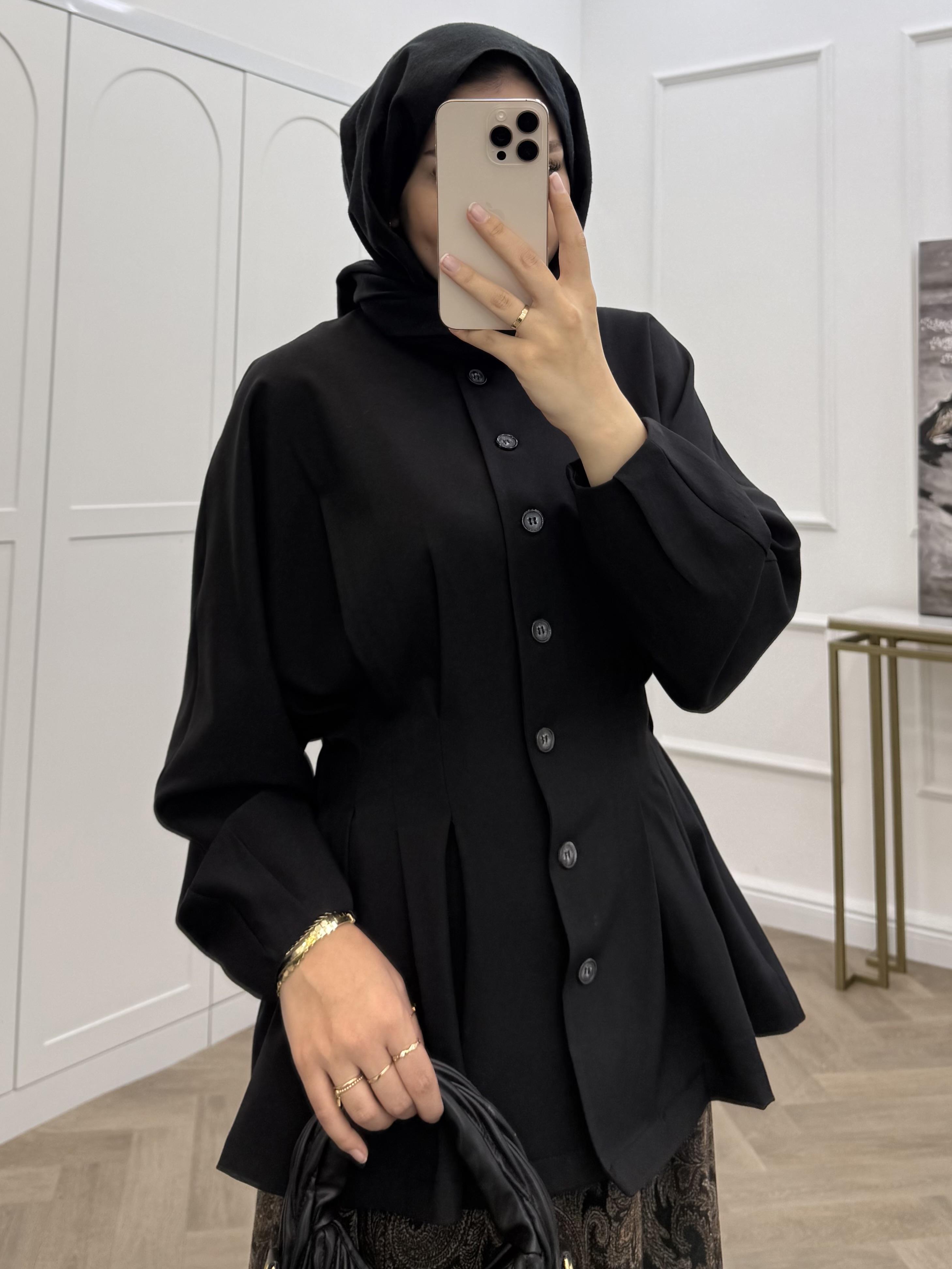 BEL PENSLİ BİSİKLET YAKA BLUZ SİYAH