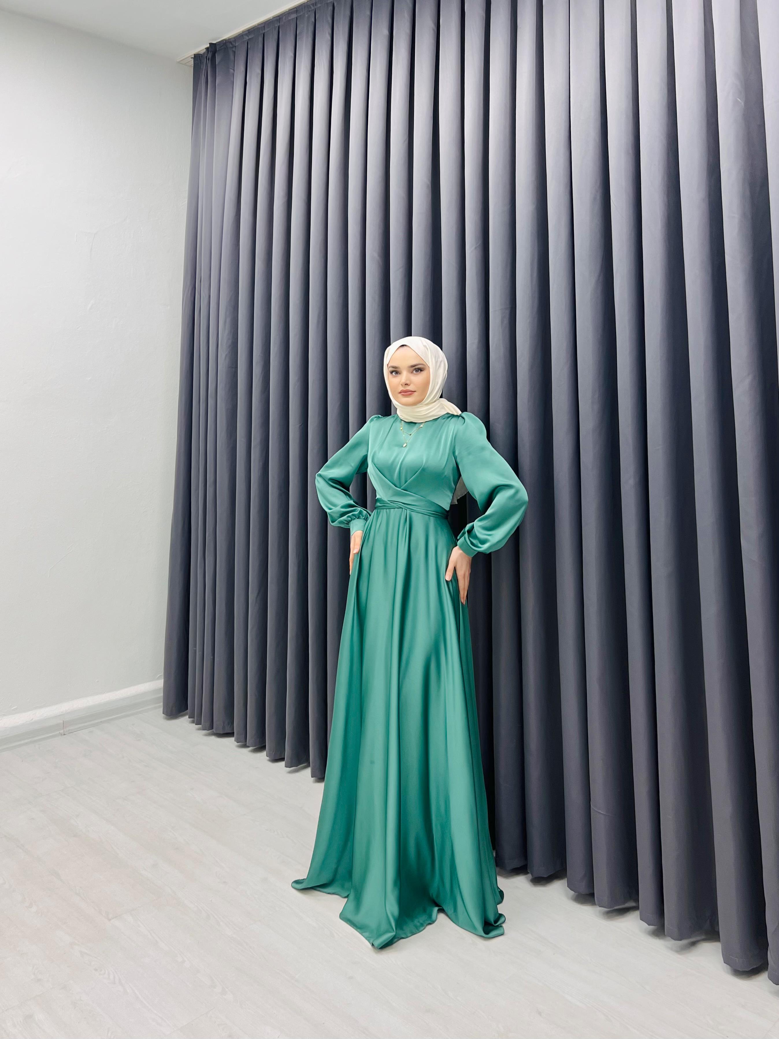 BELDEN BAĞLAMALI SATEN ELBİSE MİNT