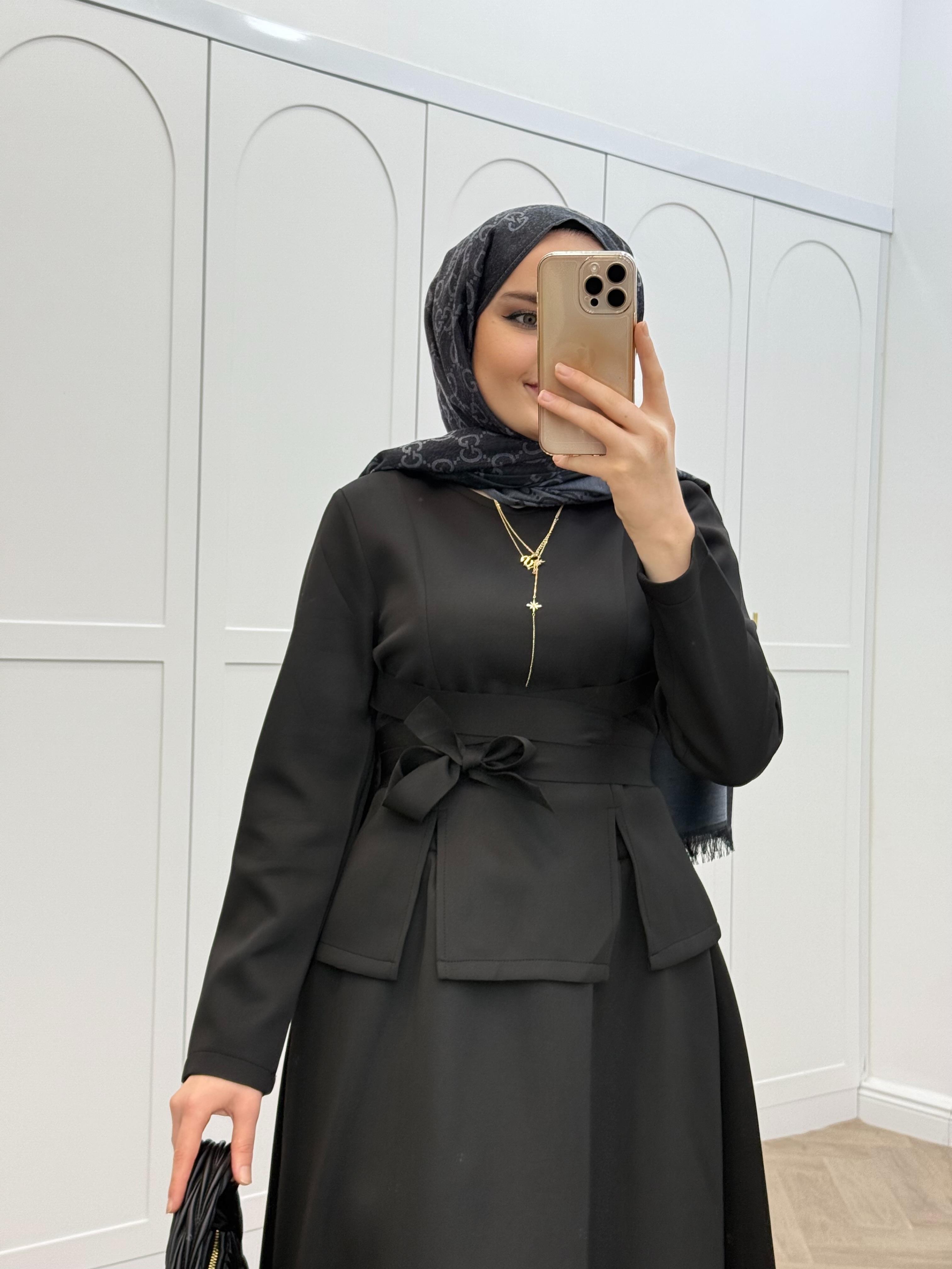 BELDEN BAĞLAMALI SCUBA ETEKLİ TAKIM SİYAH