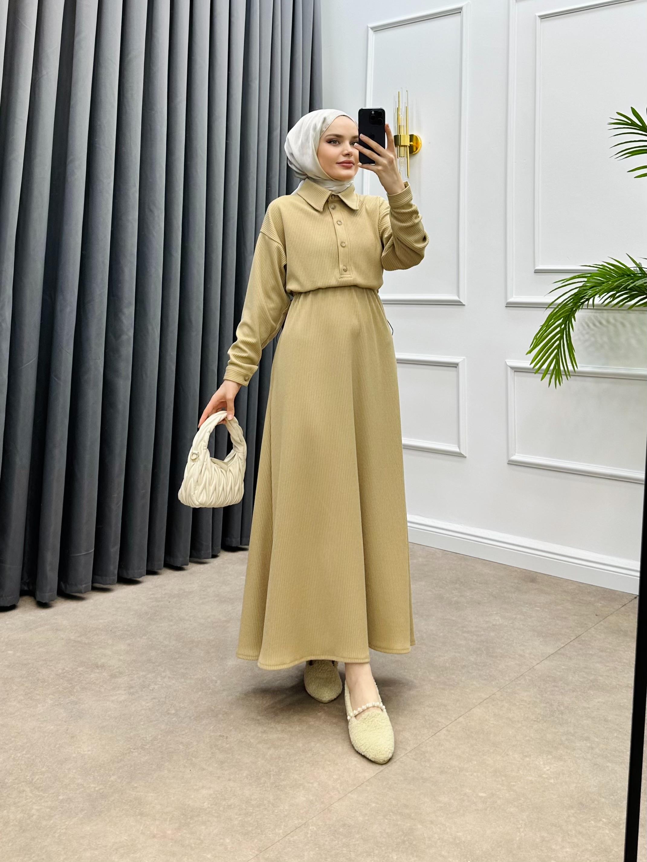 BELDEN BAĞLAMALI TRİKO ELBİSE BEJ