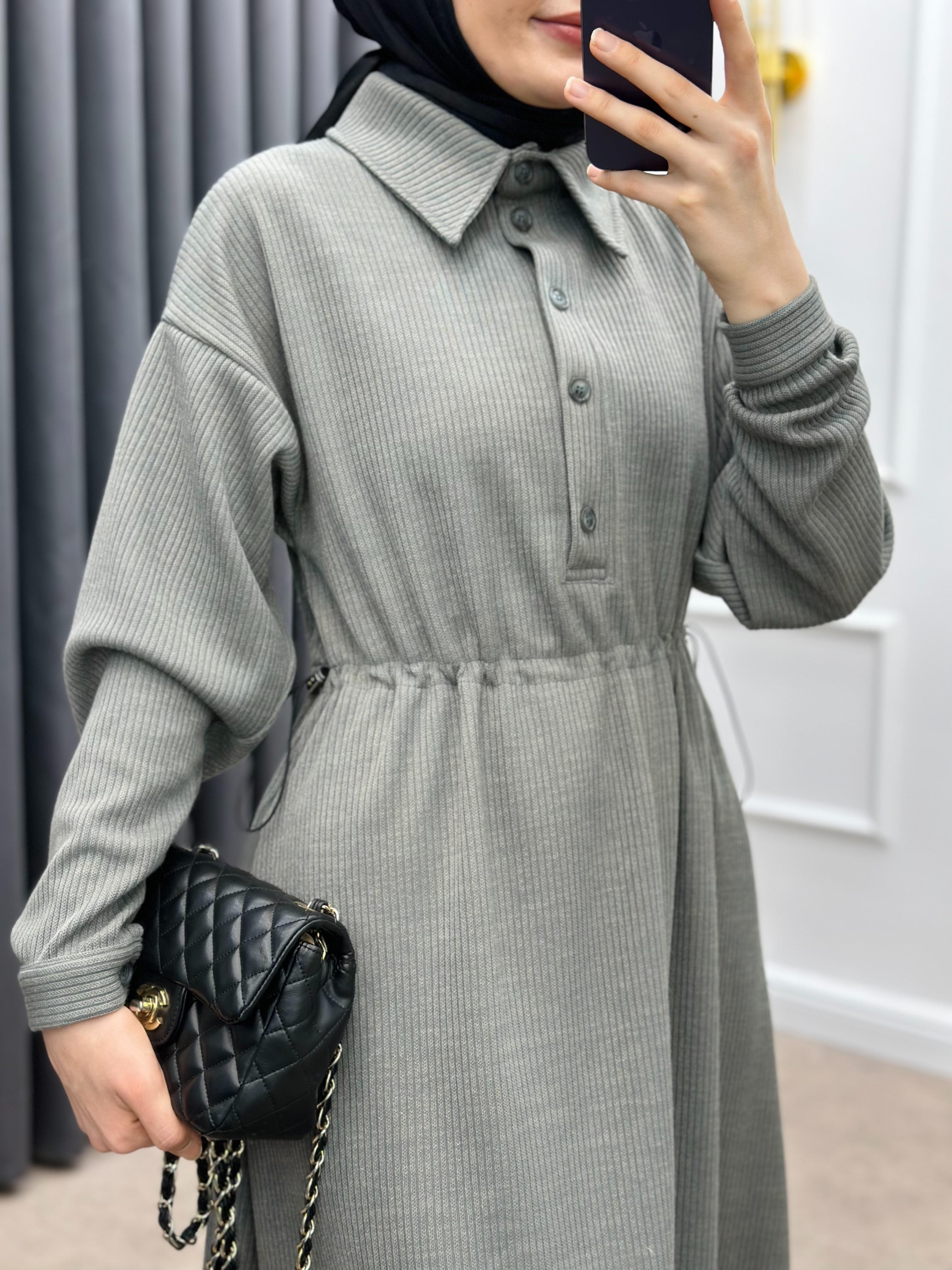 BELDEN BAĞLAMALI TRİKO ELBİSE GRİ