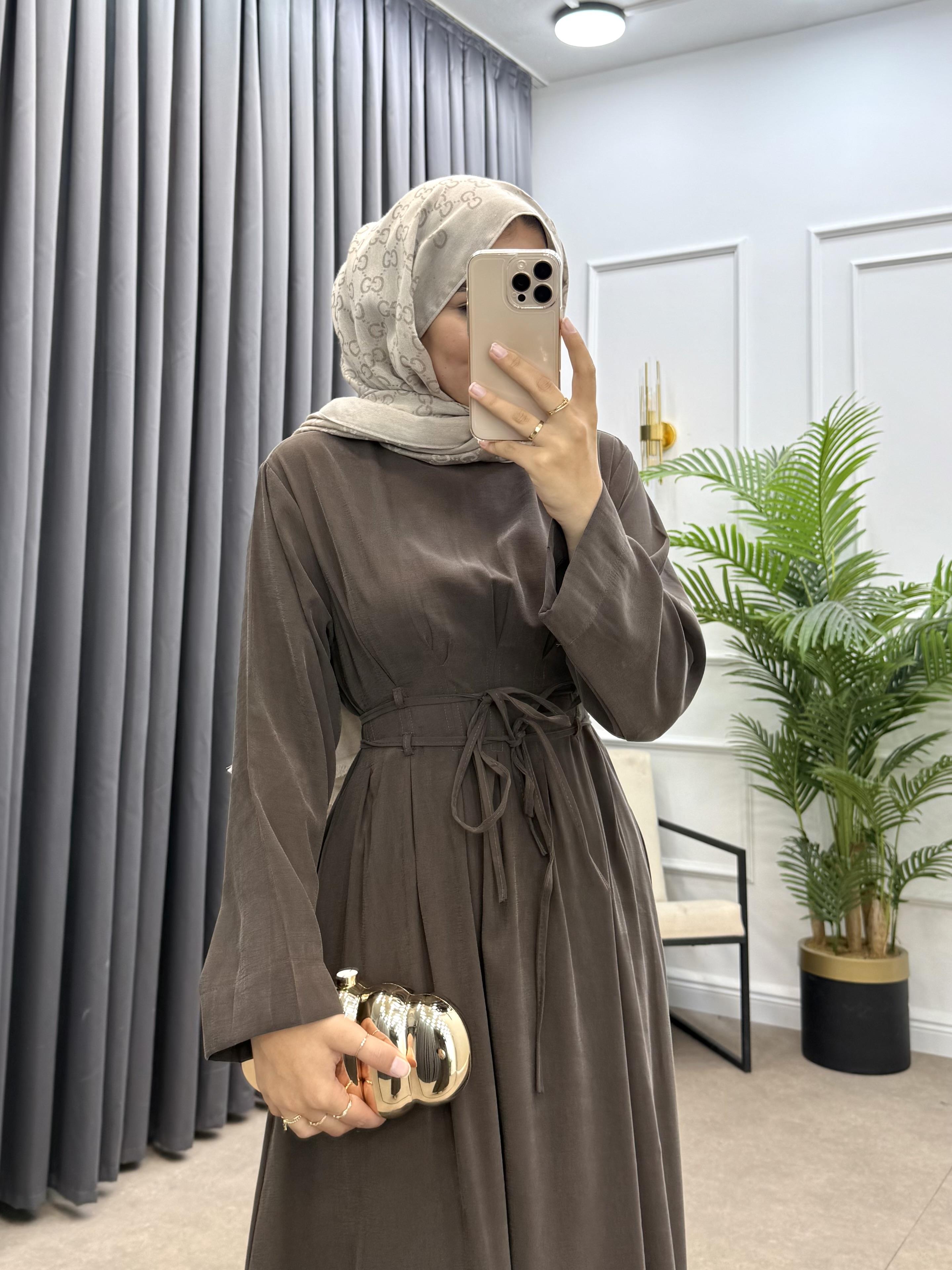 BELDEN İP BAĞLAMALI MODAL ELBİSE KAHVE 