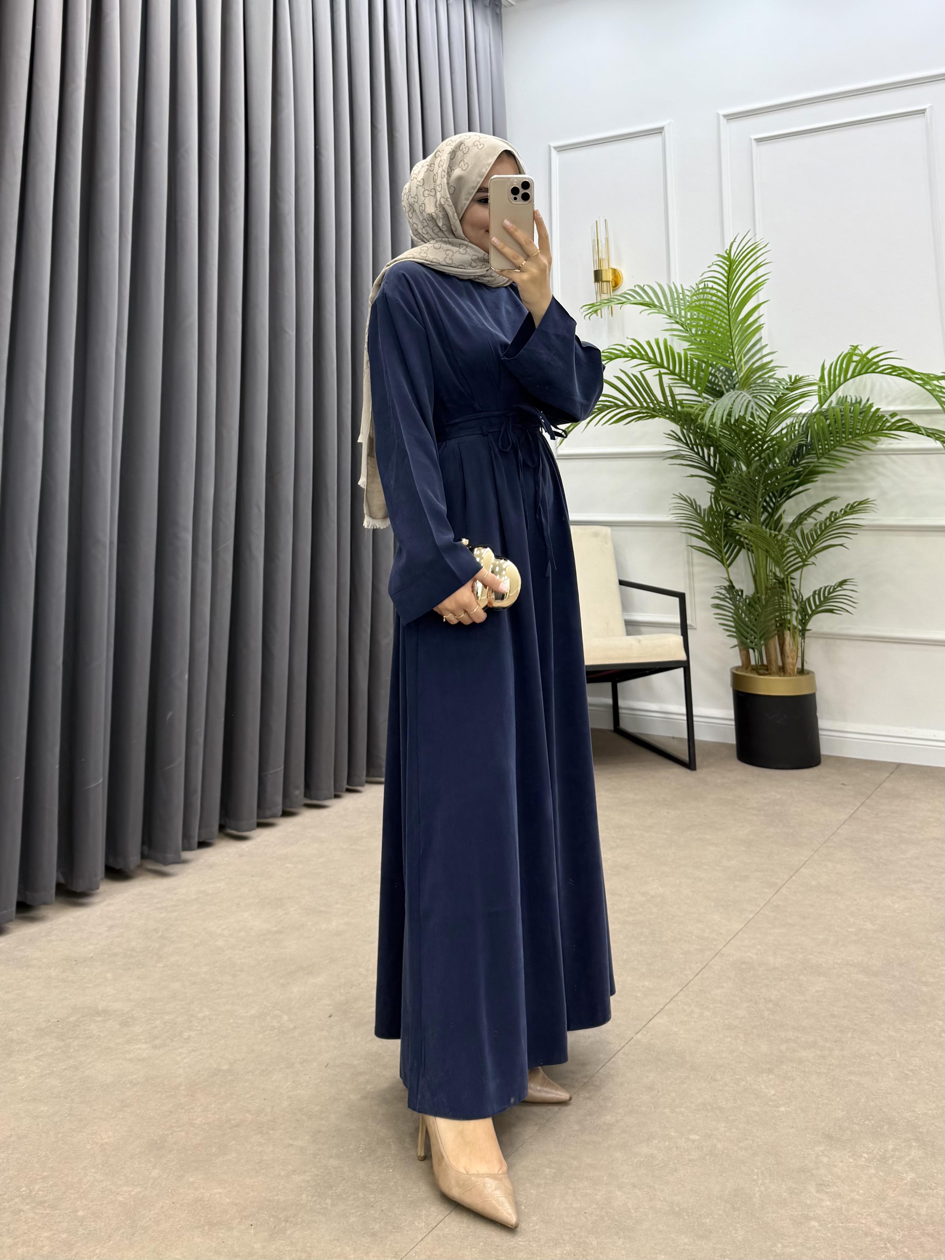 BELDEN İP BAĞLAMALI MODAL ELBİSE lacivert